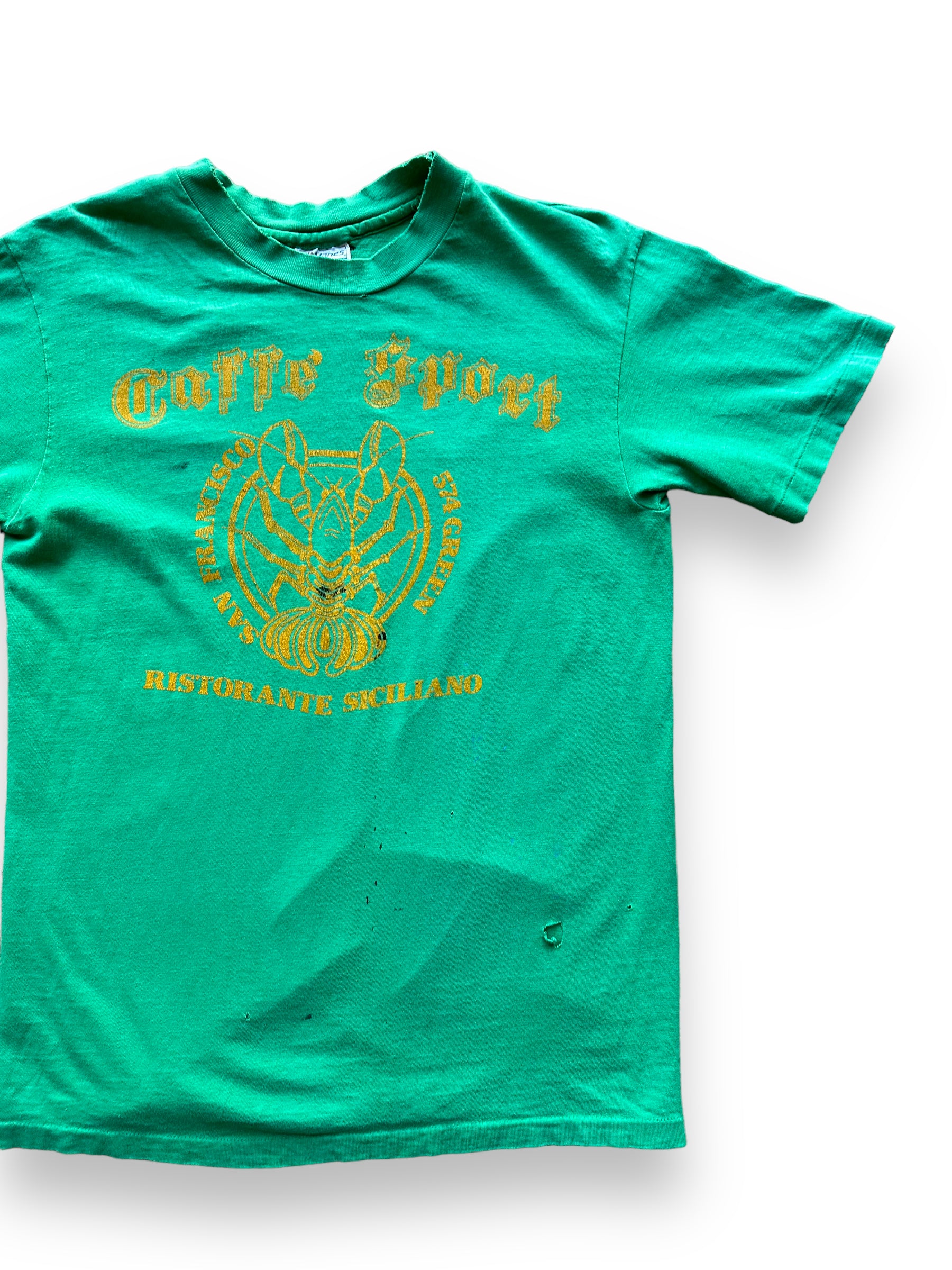 Front left of Vintage Distressed Seafood Restaurant Tee SZ M |  Vintage Fishing Tee Seattle | Barn Owl Vintage