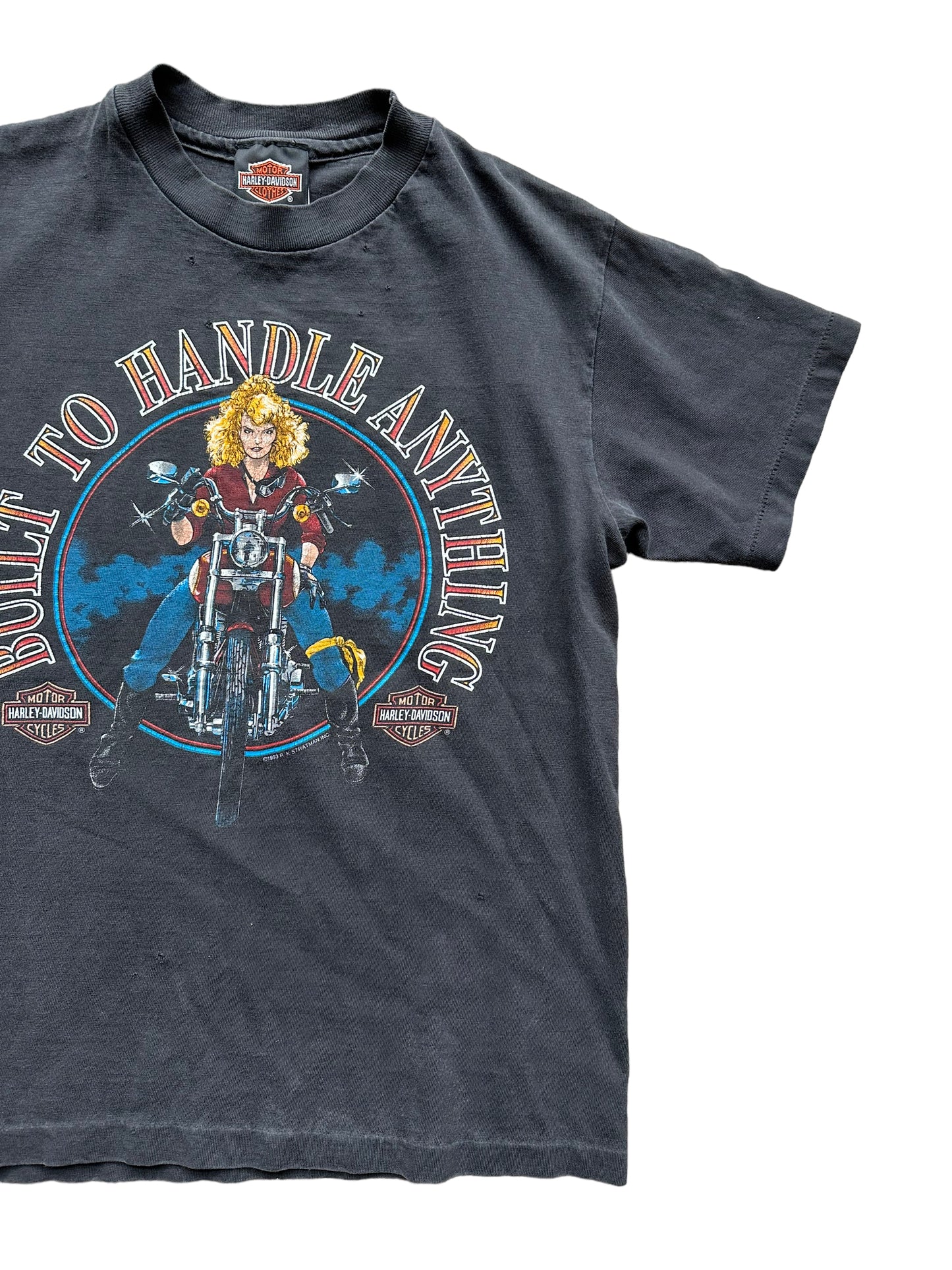 Front left of Vintage 1993 "Built to Handle Anything" West LA Harley Davidson Tee SZ S | Vintage Harley Tee | Barn Owl Vintage Seattle