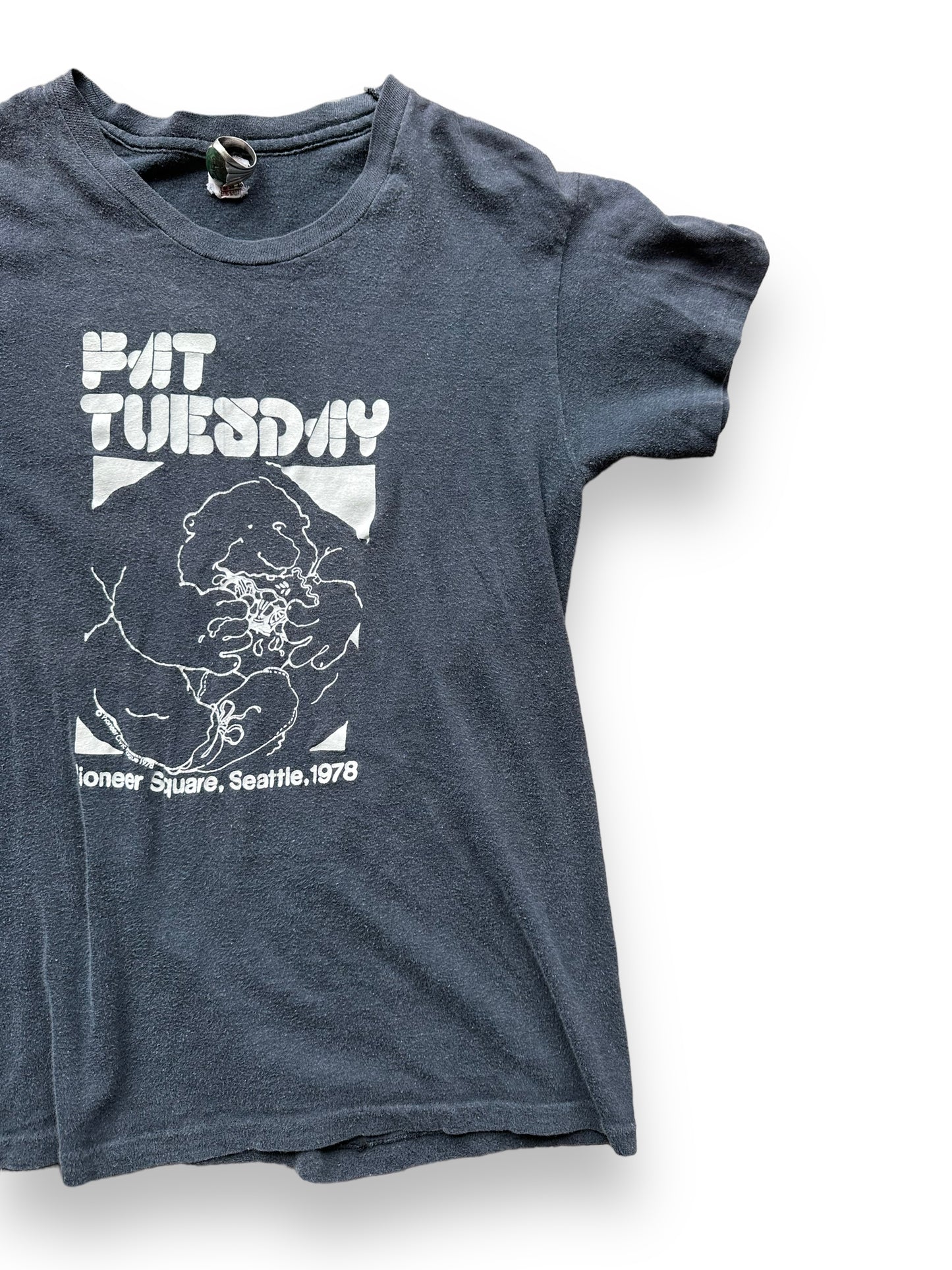 Front Left View of Vintage Fat Tuesday Seattle Tee SZ M | Vintage Single Stitch T-Shirts Seattle | Barn Owl Vintage Tees Seattle