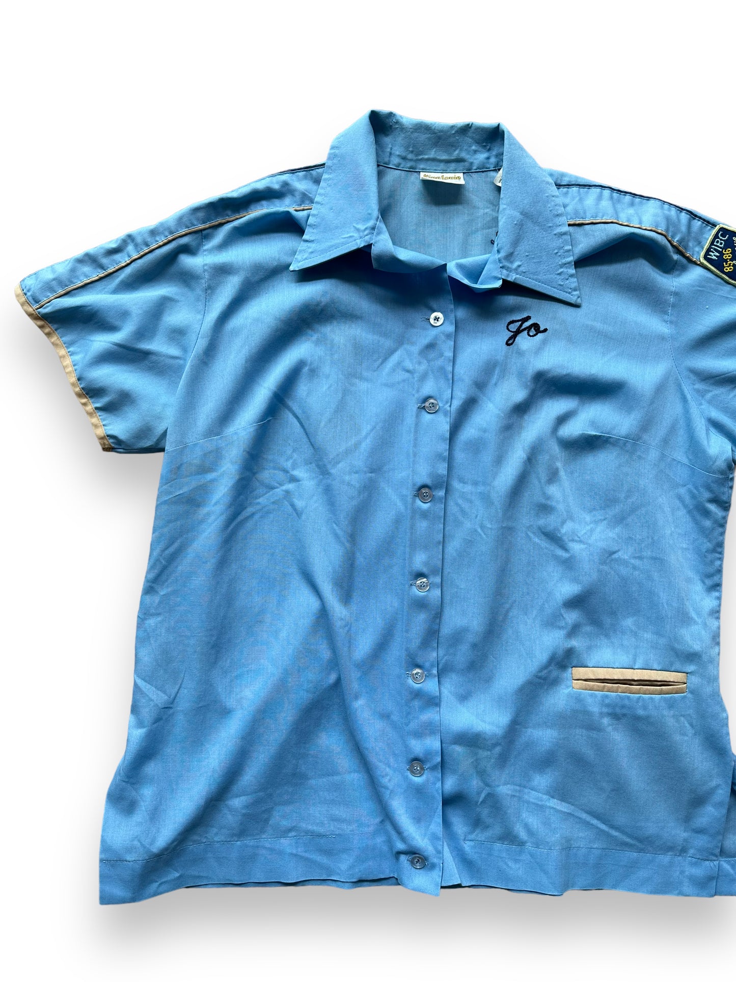 Front right of Vintage "New Frontier Lanes" Chainstitched Bowling Shirt SZ 40 | Vintage Bowling Shirt Seattle | Barn Owl Vintage Seattle