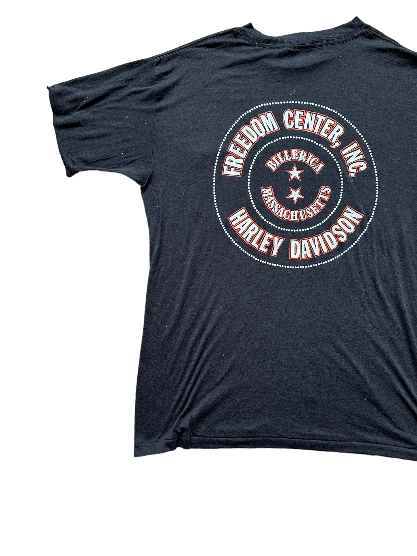 Back left of Vintage Billerica Harley Davidson 3D Emblem Pocket Tee SZ L | Vintage Harley Tee | Barn Owl Vintage Seattle