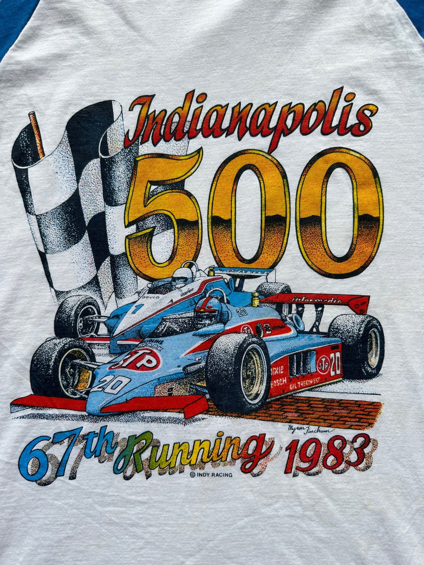 Front graphic of Vintage 1983 Indianapolis 500 Raglan Tee SZ M | Vintage Auto Tee Seattle | Barn Owl Vintage