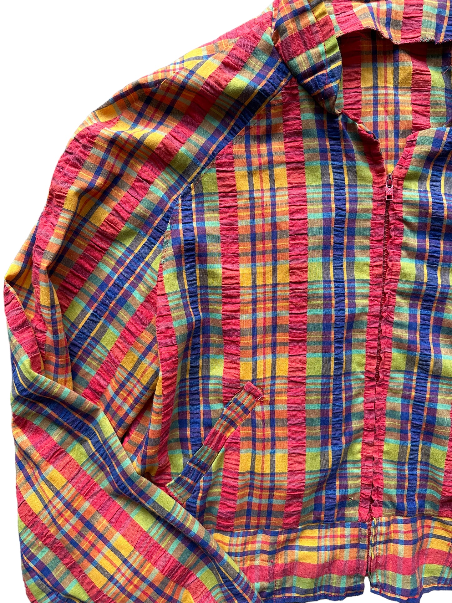 Front right side view of 1950s Seersucker Plaid Zip Up Jacket | Seattle True Vintage | Barn Owl Ladies Jackets
