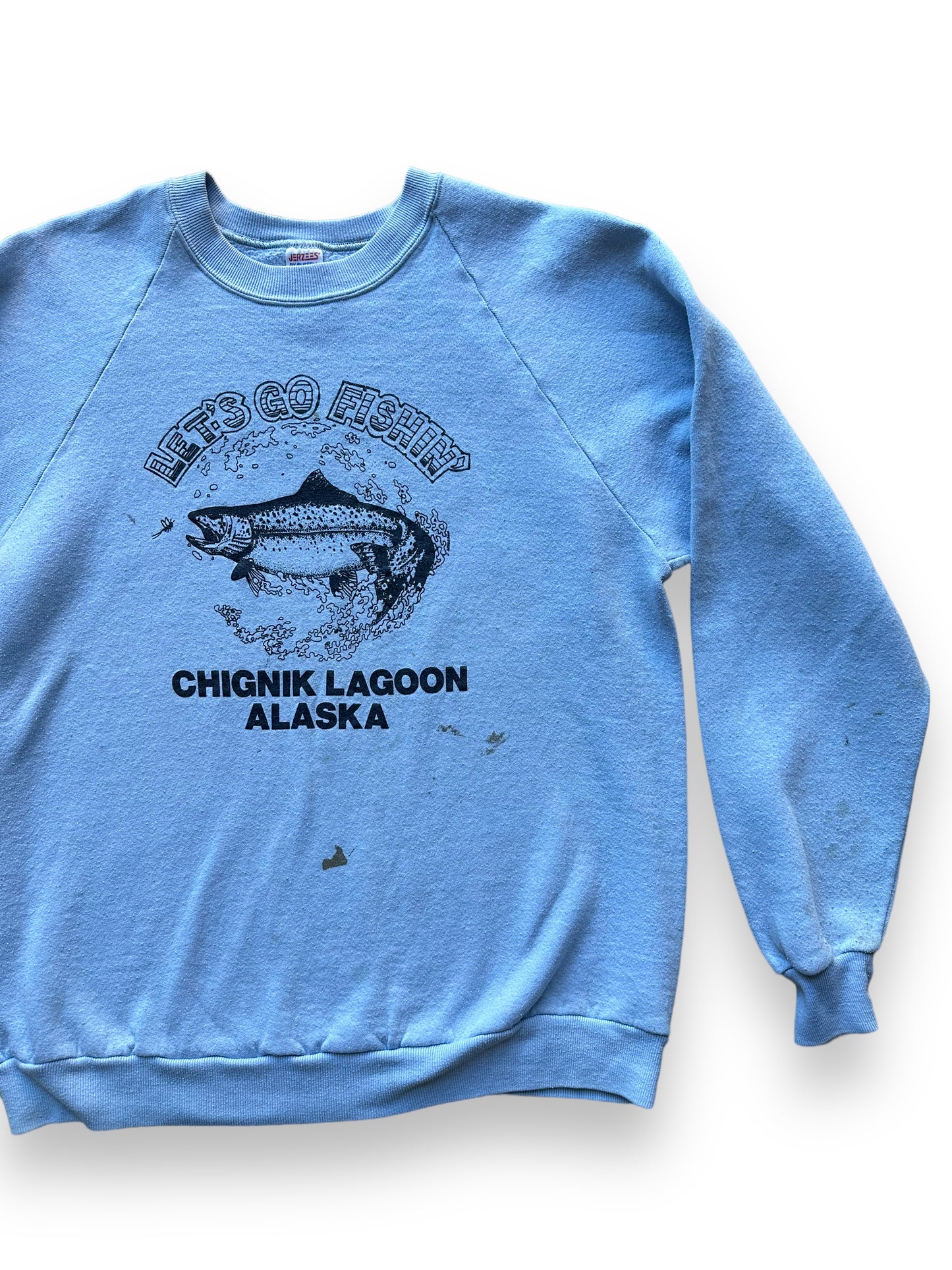 Front left of Vintage "Let's Go Fishing" Chignik Lagoon Alaska Crewneck SZ XL | Vintage Fishing Sweatshirt Seattle | Barn Owl Vintage