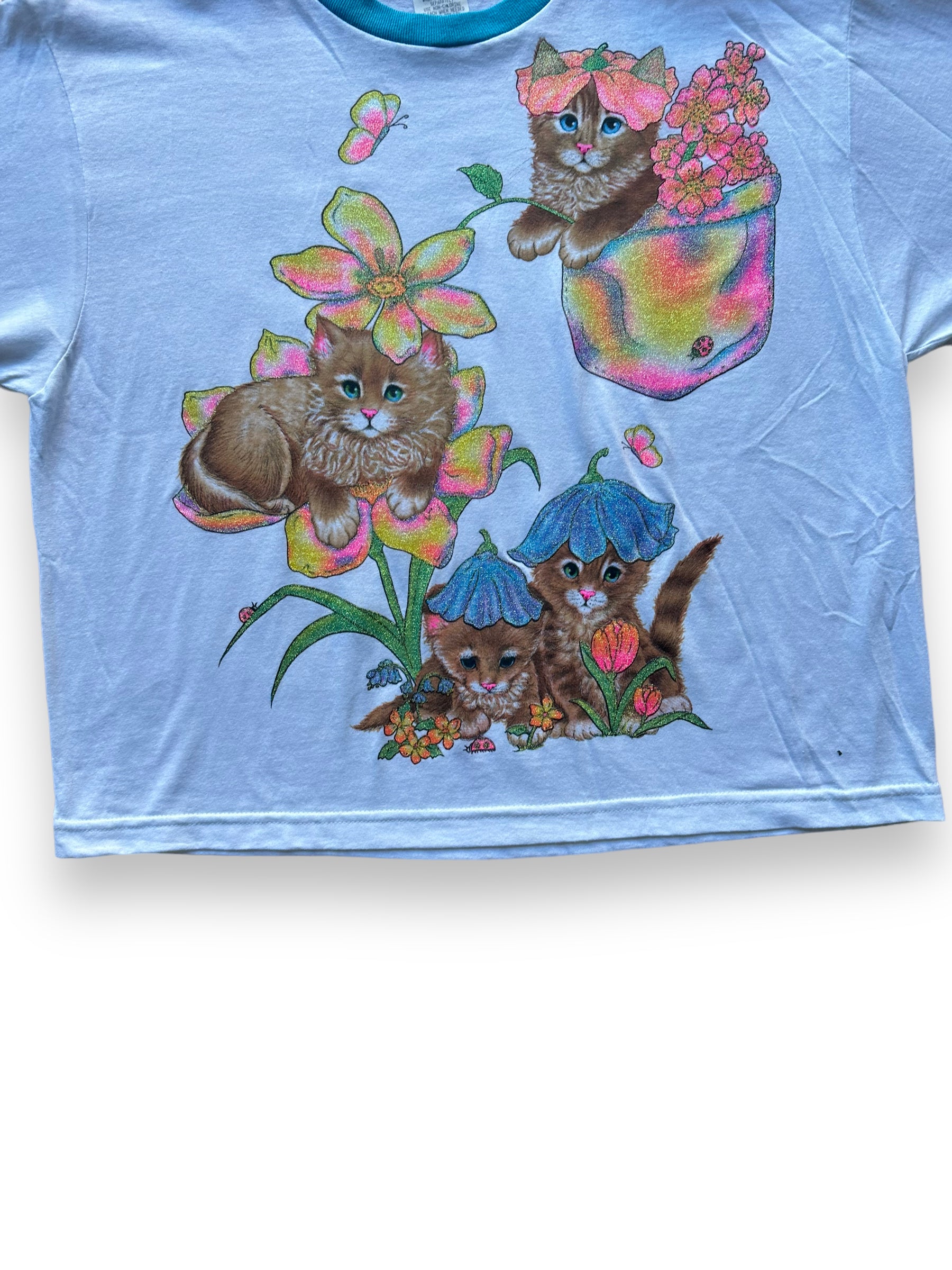 Bottom of Vintage Blue Glitter Cat Ringer Tee SZ M |  Vintage Cat Tee Seattle | Barn Owl Vintage