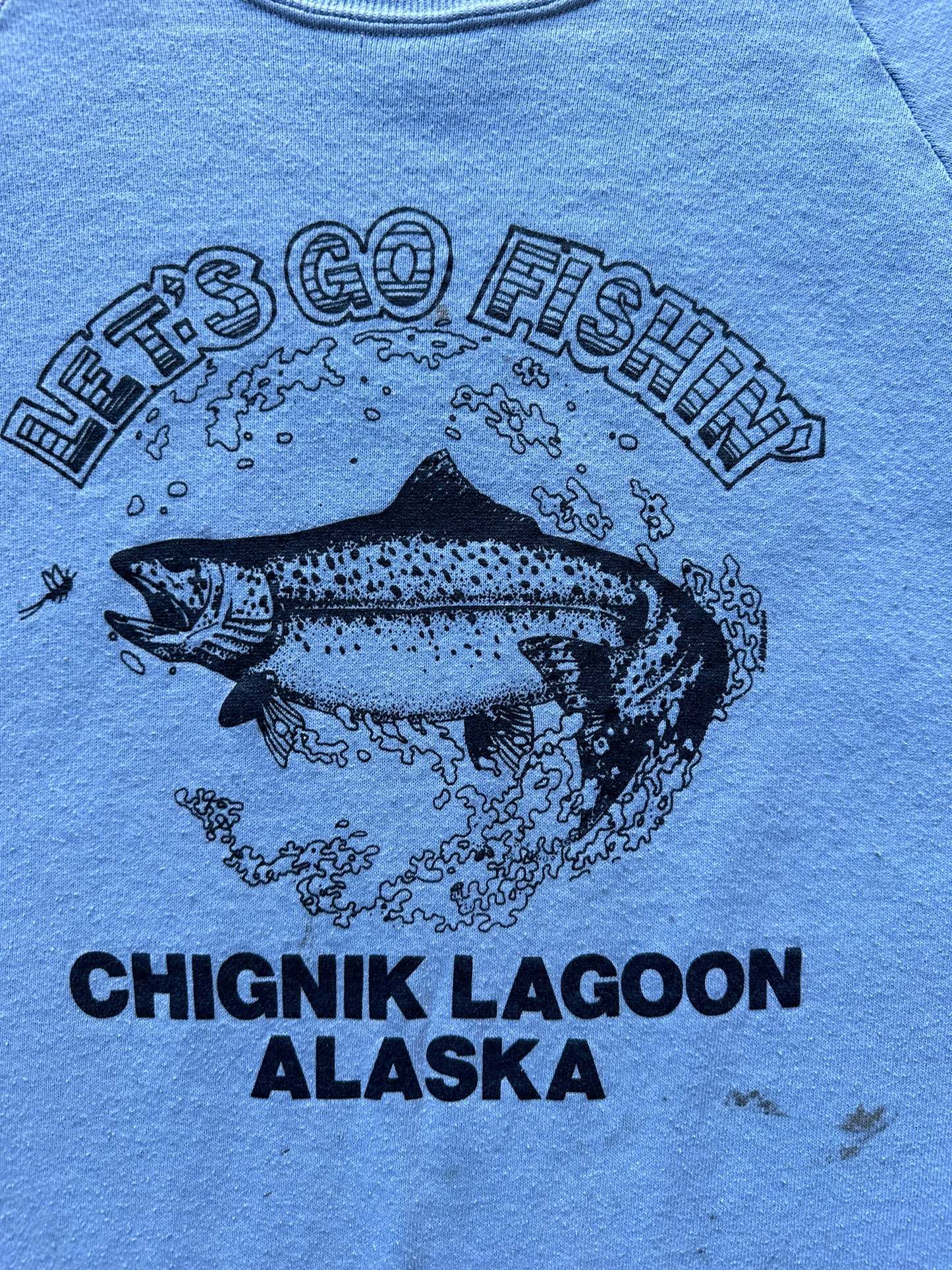 Graphic close up of Vintage "Let's Go Fishing" Chignik Lagoon Alaska Crewneck SZ XL | Vintage Fishing Sweatshirt Seattle | Barn Owl Vintage