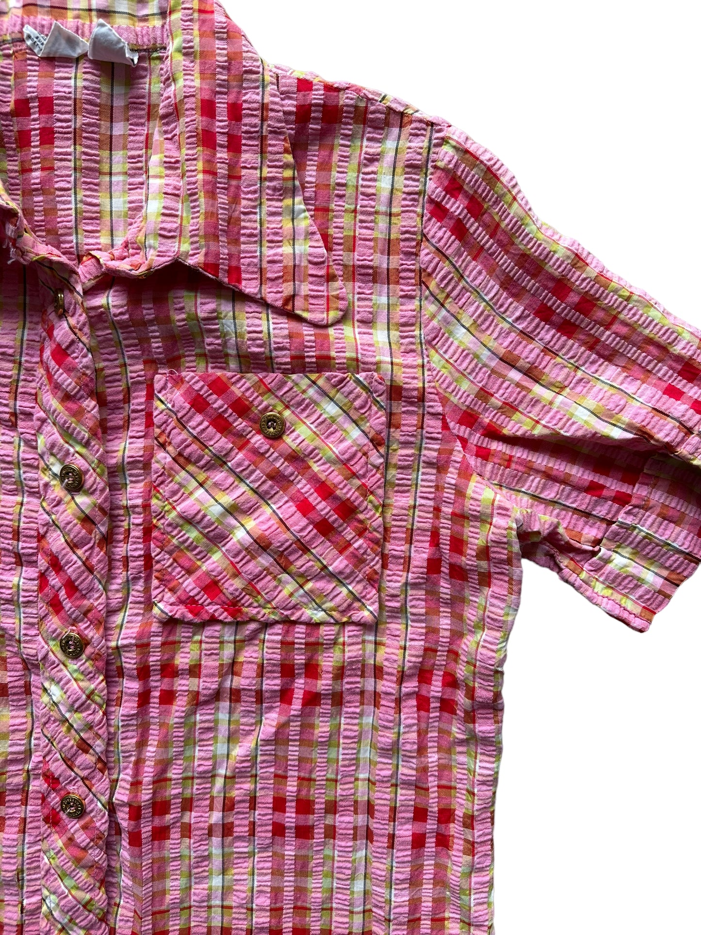 Front left shoulder Vintage 1950s Seersucker Plaid Button Up Top | Vintage Summer Tops | Barn Owl Seattle