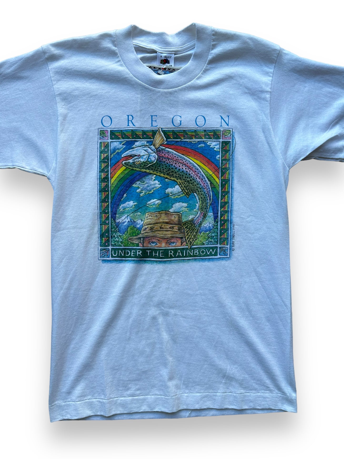 Front close up of Vintage Ray Troll Deadstock Oregon "Under the Rainbow" Tee SZ S | Vintage Fishing Tee Seattle | Barn Owl Vintage