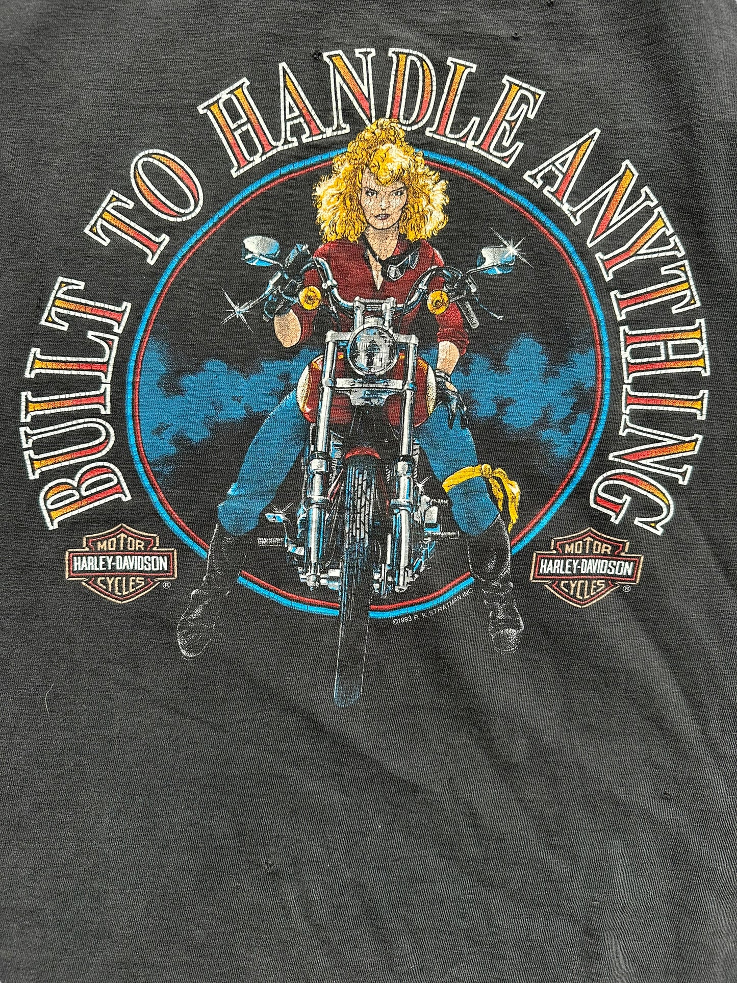 Front graphic on Vintage 1993 "Built to Handle Anything" West LA Harley Davidson Tee SZ S | Vintage Harley Tee | Barn Owl Vintage Seattle