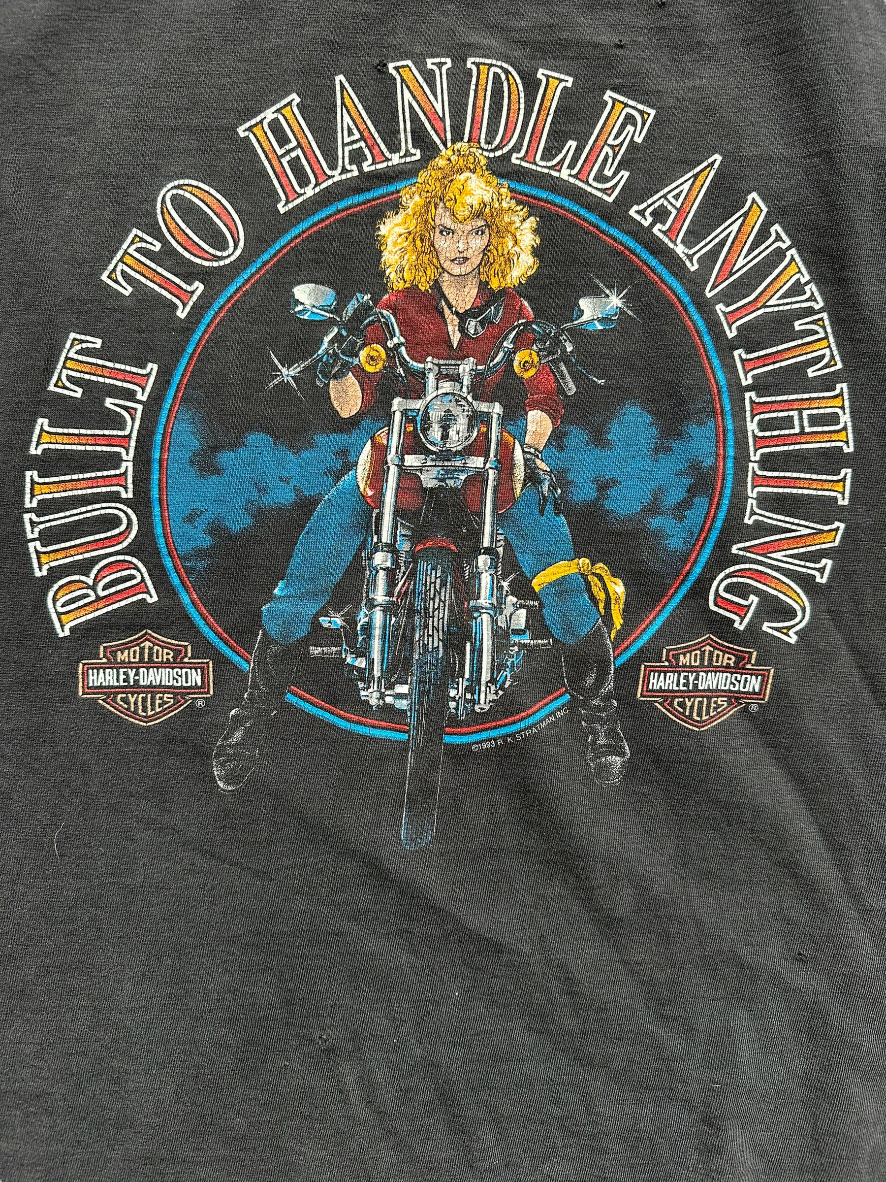 Front graphic on Vintage 1993 "Built to Handle Anything" West LA Harley Davidson Tee SZ S | Vintage Harley Tee | Barn Owl Vintage Seattle