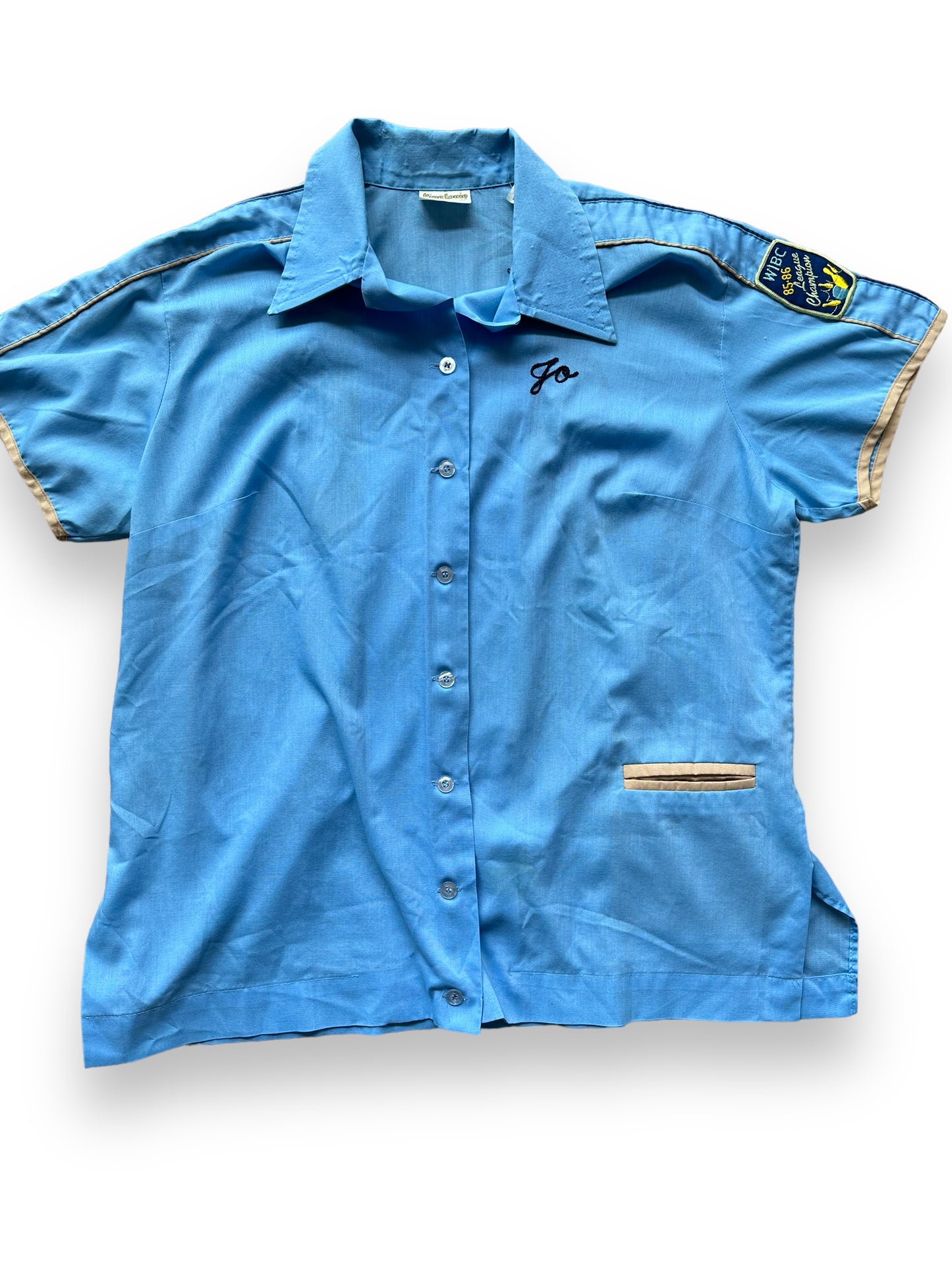 Front close up of Vintage "New Frontier Lanes" Chainstitched Bowling Shirt SZ 40 | Vintage Bowling Shirt Seattle | Barn Owl Vintage Seattle