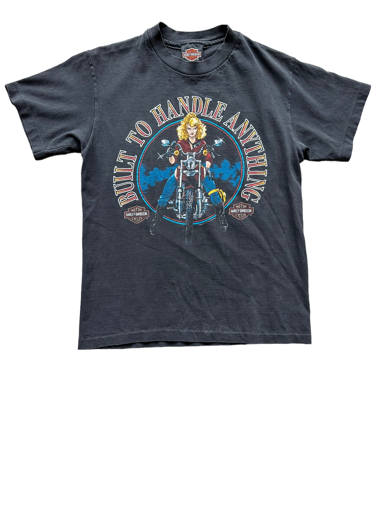Front of Vintage 1993 "Built to Handle Anything" West LA Harley Davidson Tee SZ S | Vintage Harley Tee | Barn Owl Vintage Seattle