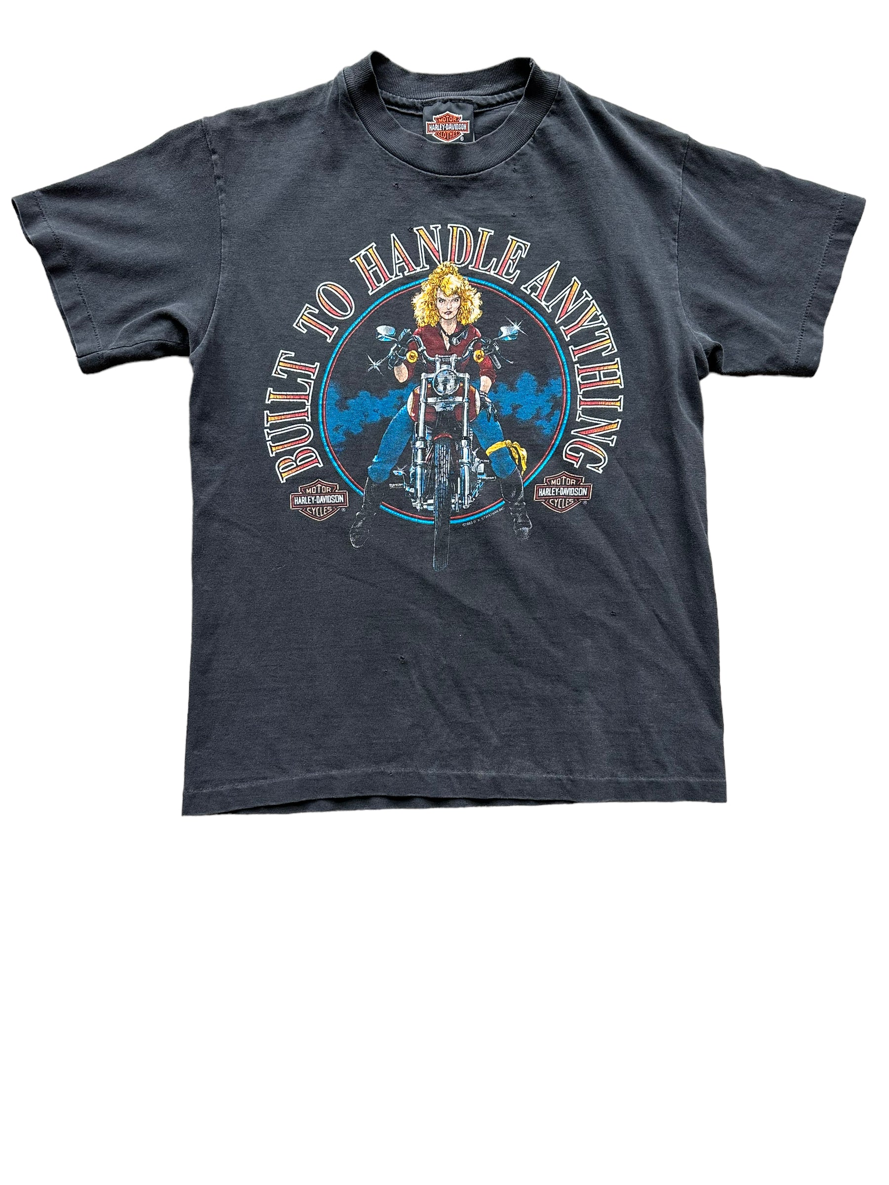 Front of Vintage 1993 "Built to Handle Anything" West LA Harley Davidson Tee SZ S | Vintage Harley Tee | Barn Owl Vintage Seattle