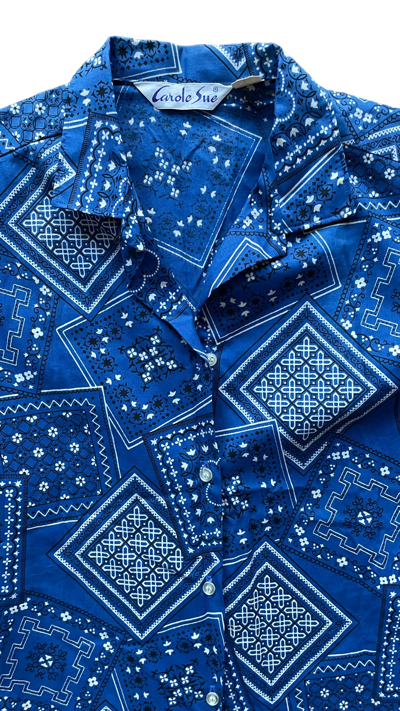 Front close up view of Vintage Deadstock 1960s Bandana Print Button Up | Seattle Ladies Vintage | Barn Owl True Vintage