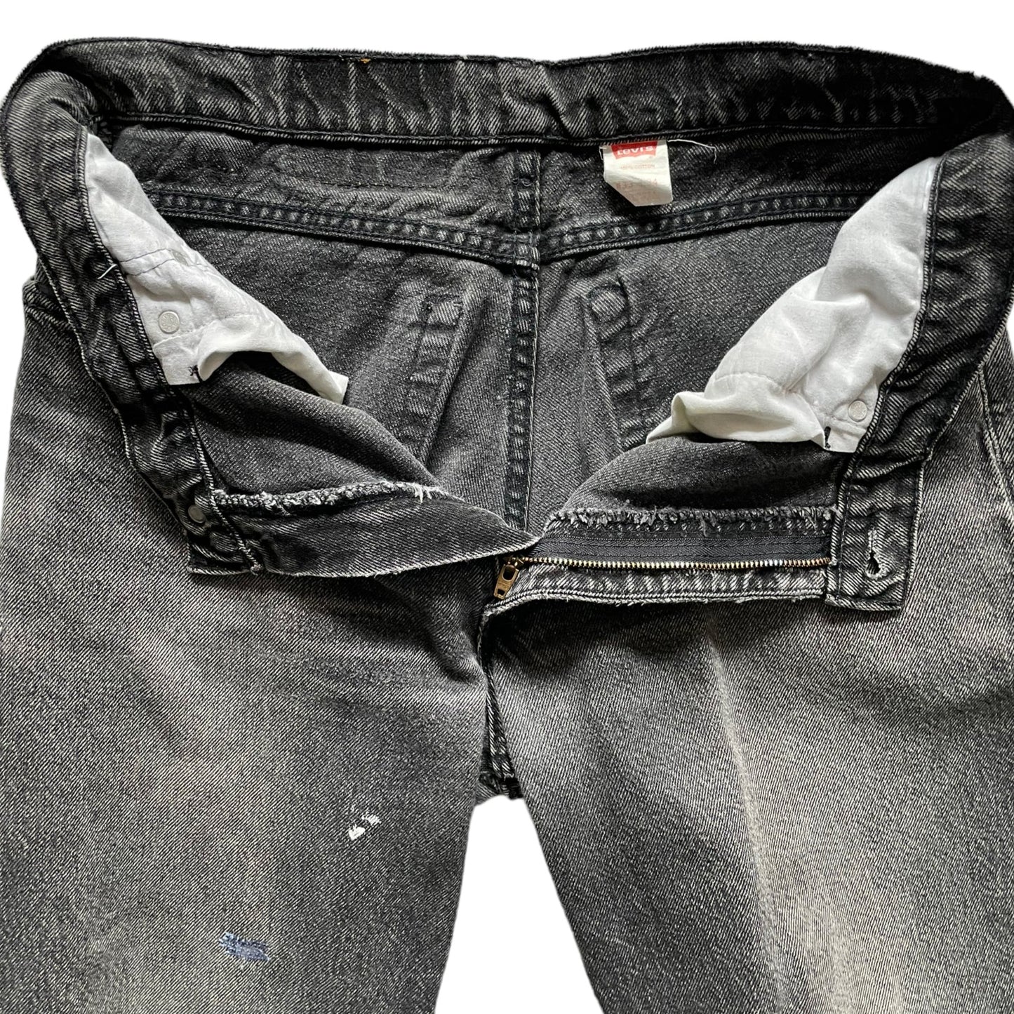 Front open view of Vintage USA Mended Black Levi's 550s 33x34
