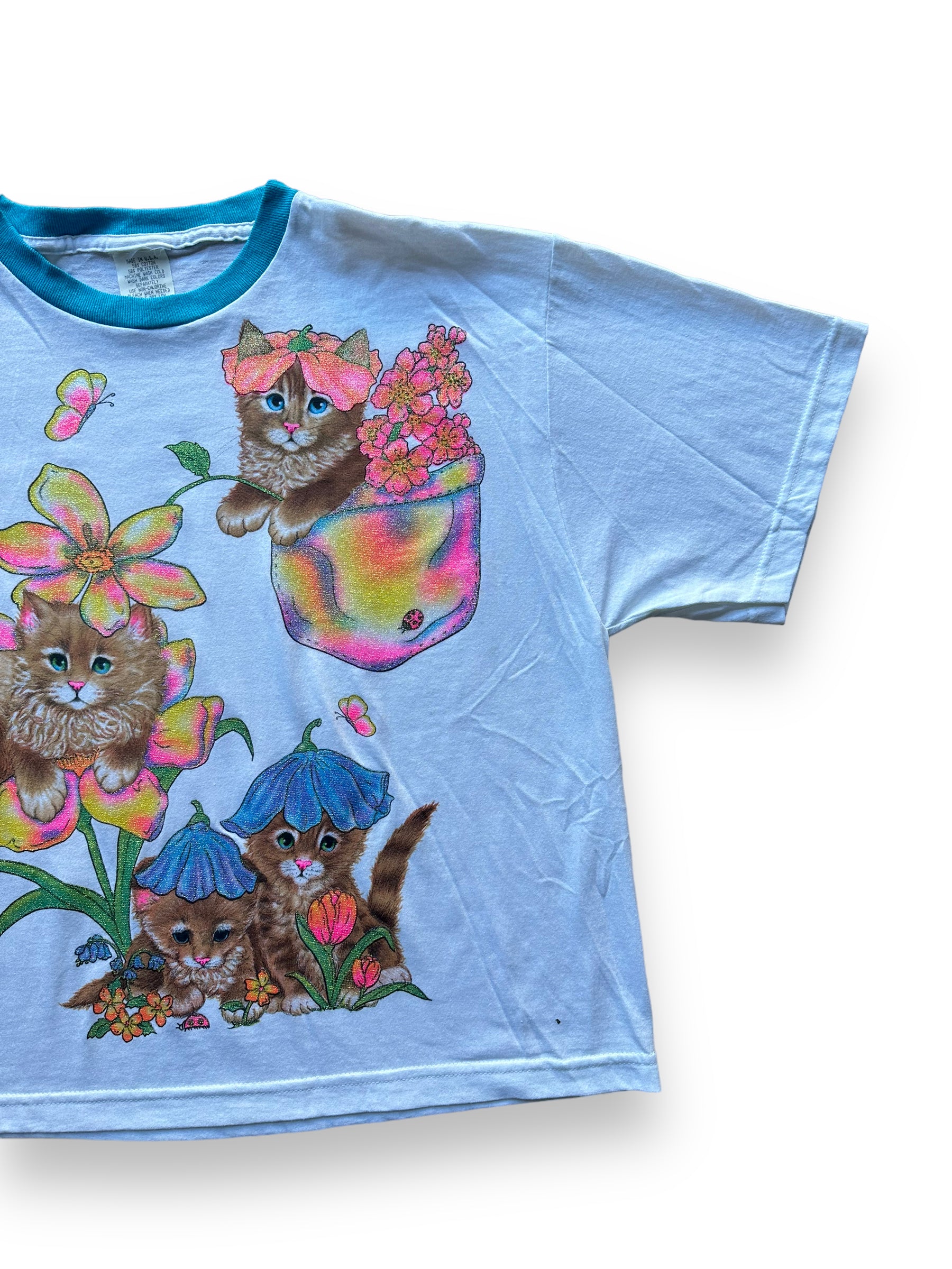Front left of Vintage Blue Glitter Cat Ringer Tee SZ M |  Vintage Cat Tee Seattle | Barn Owl Vintage