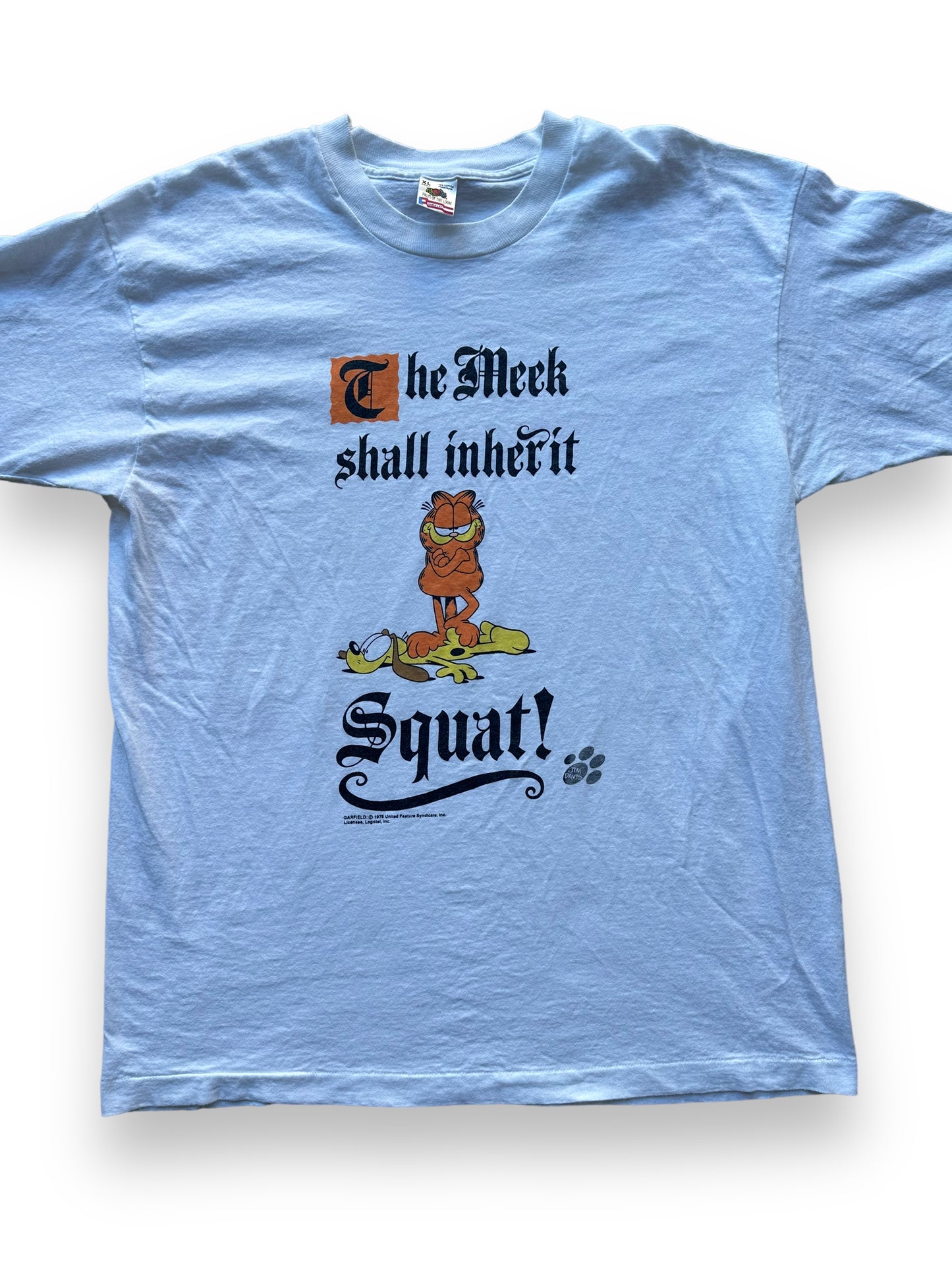 Front close up of Vintage Garfield "The Meek Shall Inherit Squat" Tee SZ XL | Vintage Cat Tee Seattle | Barn Owl Vintage