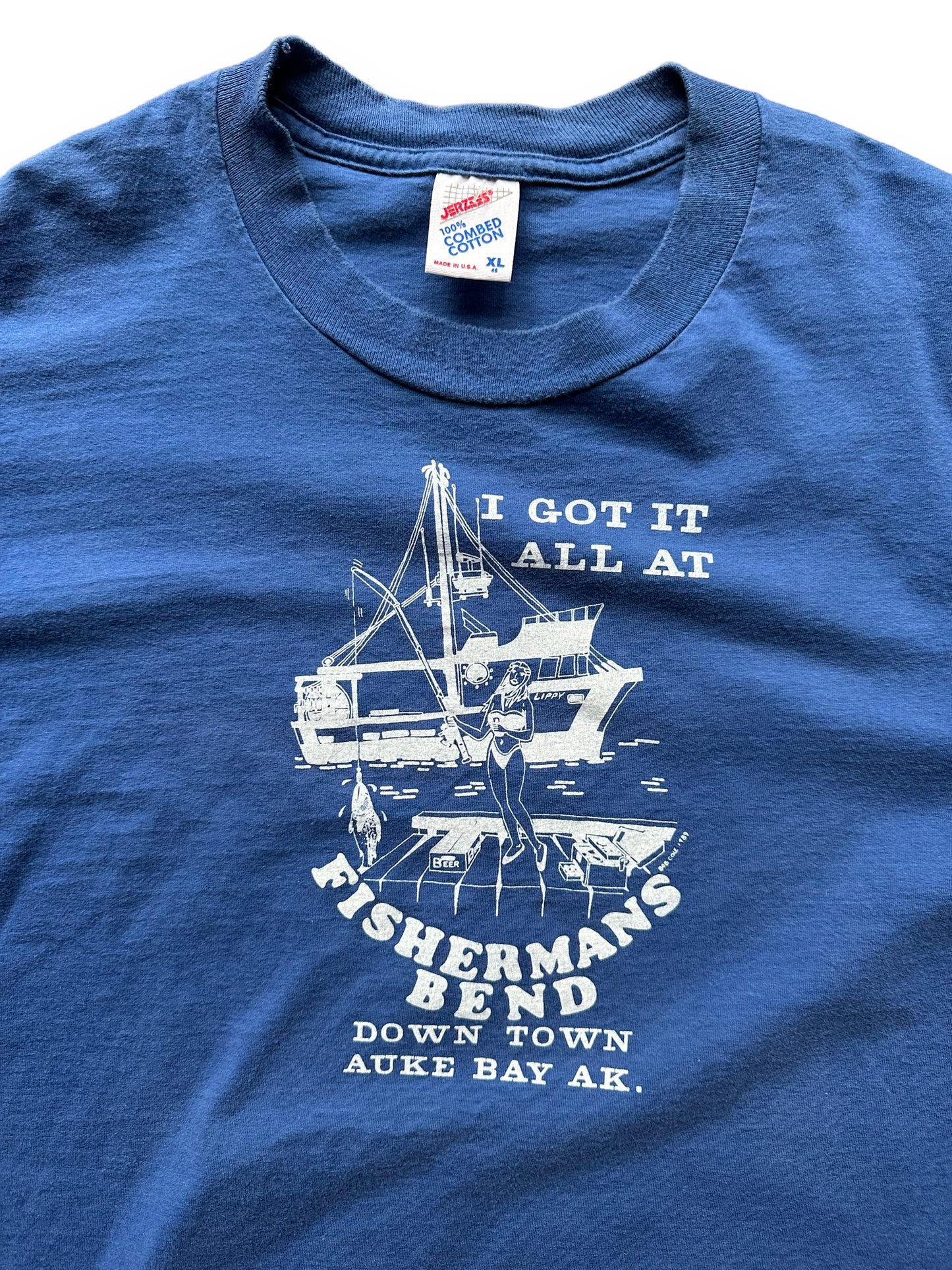 Front graphic shot of Vintage Fishermens Bend Alaska Tee SZ XL | Vintage Alaska T-Shirts Seattle | Barn Owl Vintage Tees Seattle