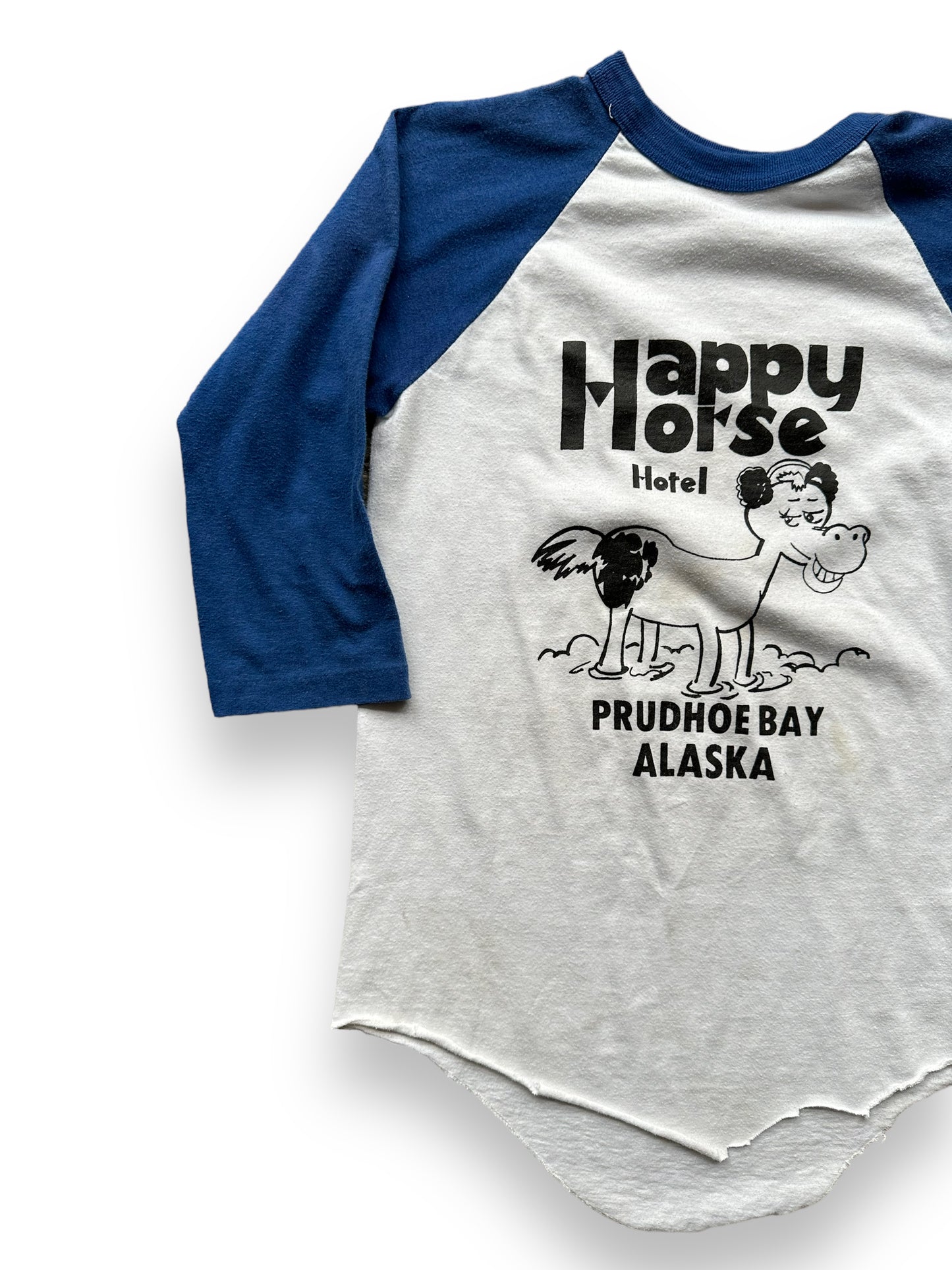 Front right of Vintage Happy Horse Hotel Prudhoe Bay Alaska Raglan Tee SZ S | Vintage Alaska T-Shirts Seattle | Barn Owl Vintage Tees Seattle