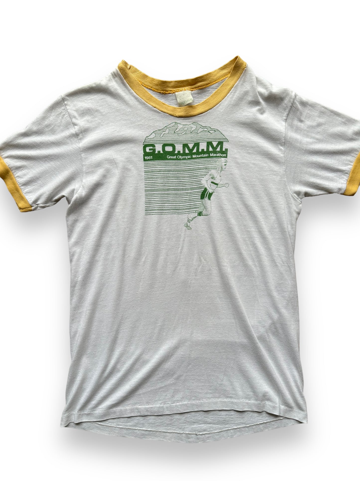 Front close up of Vintage 1981 Marathon Ringer Tee SZ L | Vintage Ringer Tee Seattle | Barn Owl Vintage