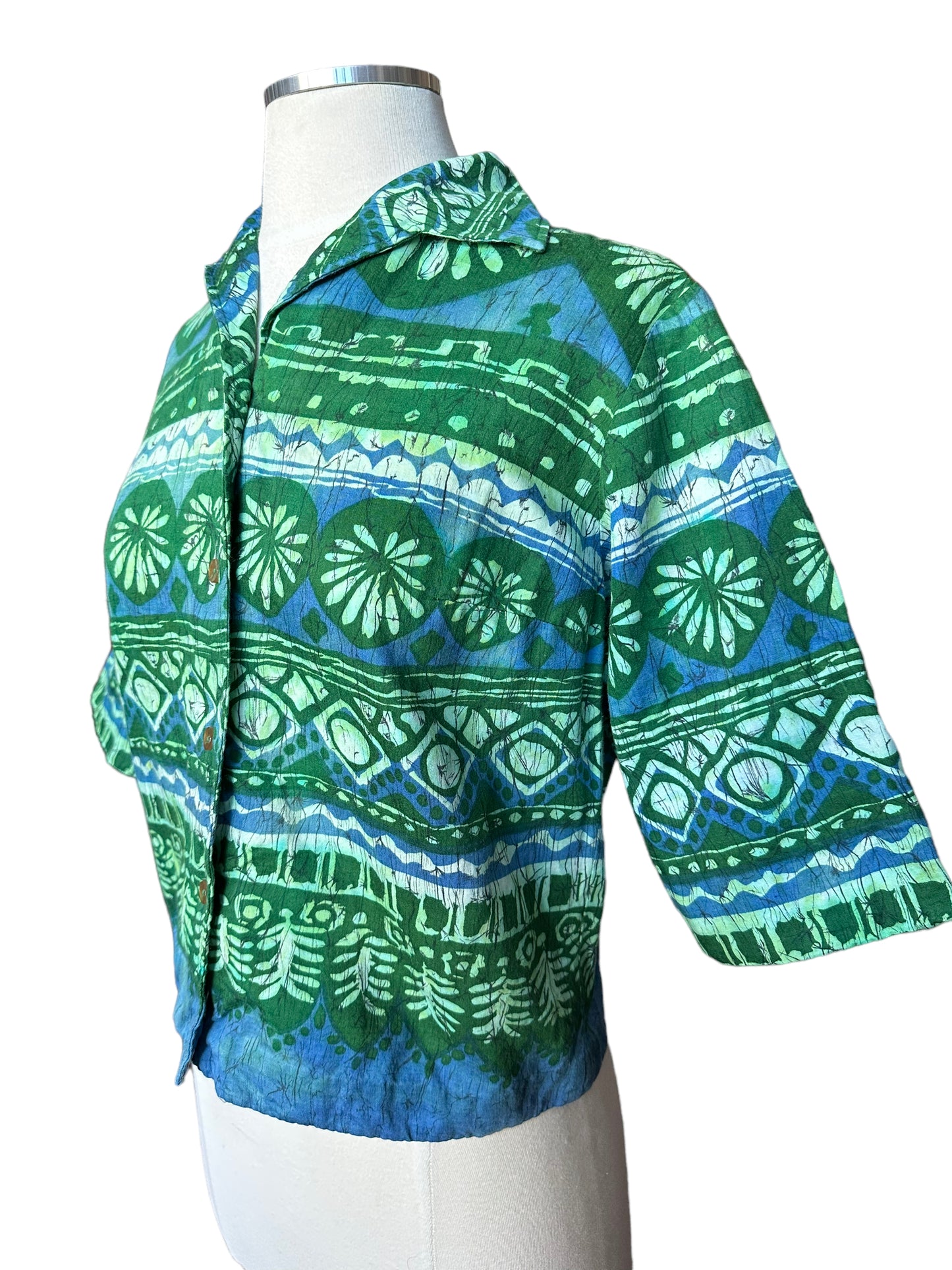 Left side front view of Vintage 1950s Batik Style Shirt | Seattle Vintage Ladies Clothing | Barn Owl True Vintage