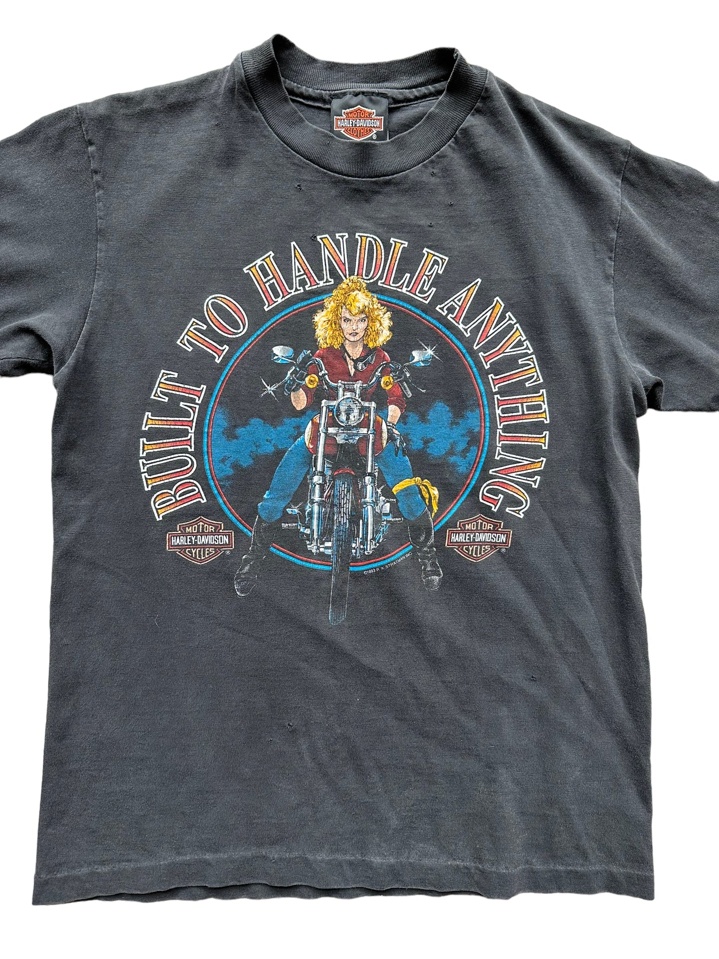 Front close up of Vintage 1993 "Built to Handle Anything" West LA Harley Davidson Tee SZ S | Vintage Harley Tee | Barn Owl Vintage Seattle