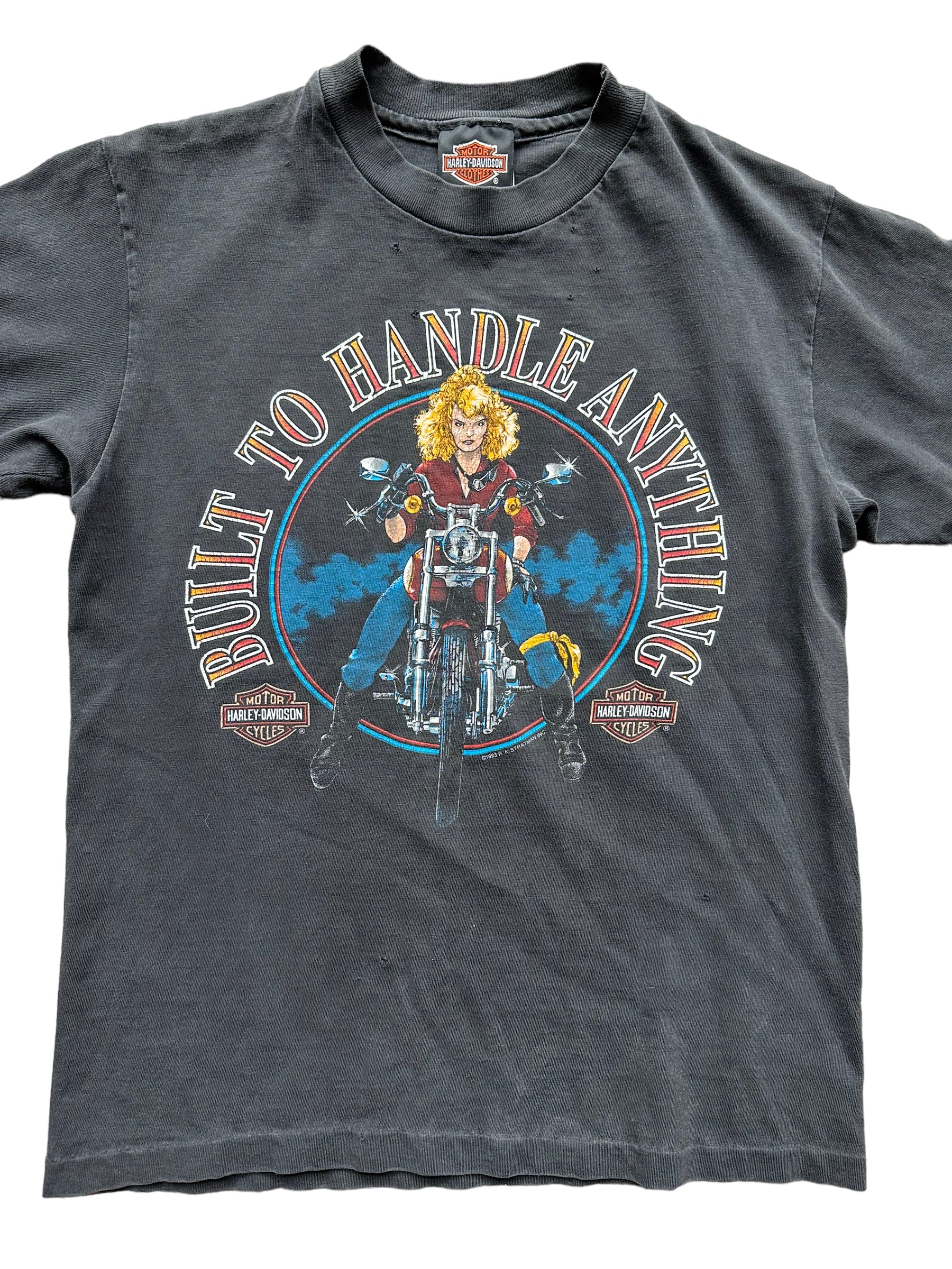 Front close up of Vintage 1993 "Built to Handle Anything" West LA Harley Davidson Tee SZ S | Vintage Harley Tee | Barn Owl Vintage Seattle
