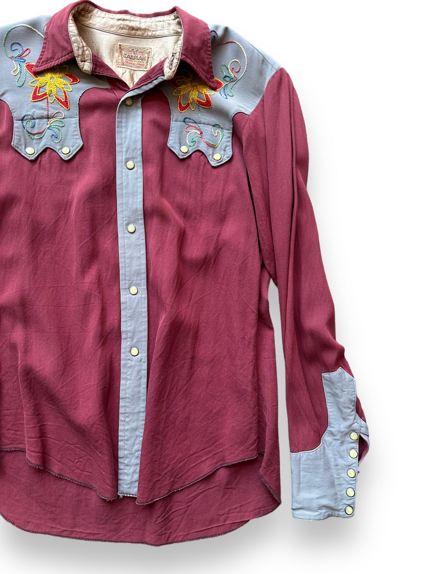 Front left of Vintage Karman Chainstitched Pearl Snap Western Shirt SZ M | Vintage Chainstitch Gabardine Seattle | Barn Owl Vintage Seattle