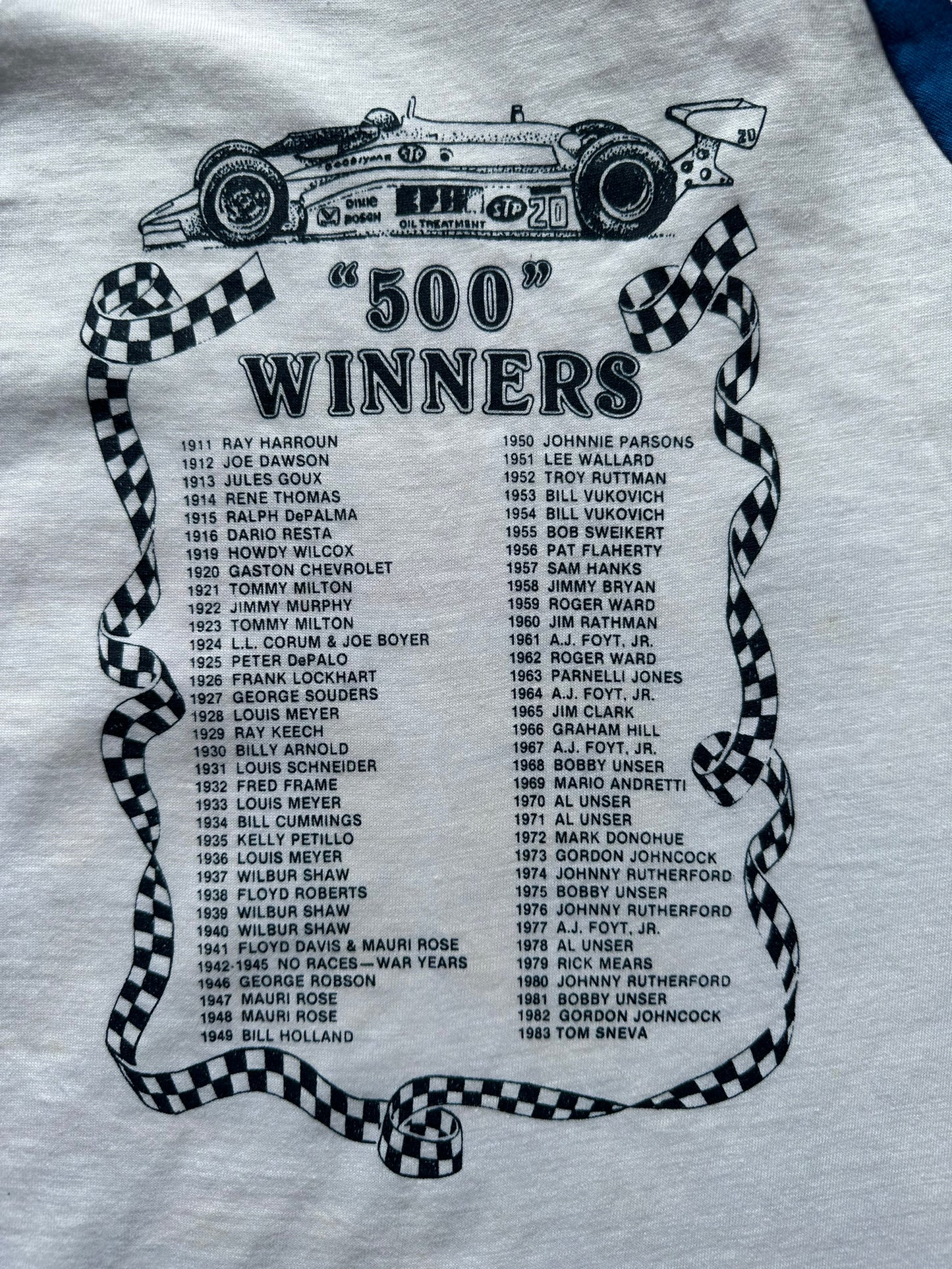 Back graphic of Vintage 1983 Indianapolis 500 Raglan Tee SZ M | Vintage Auto Tee Seattle | Barn Owl Vintage