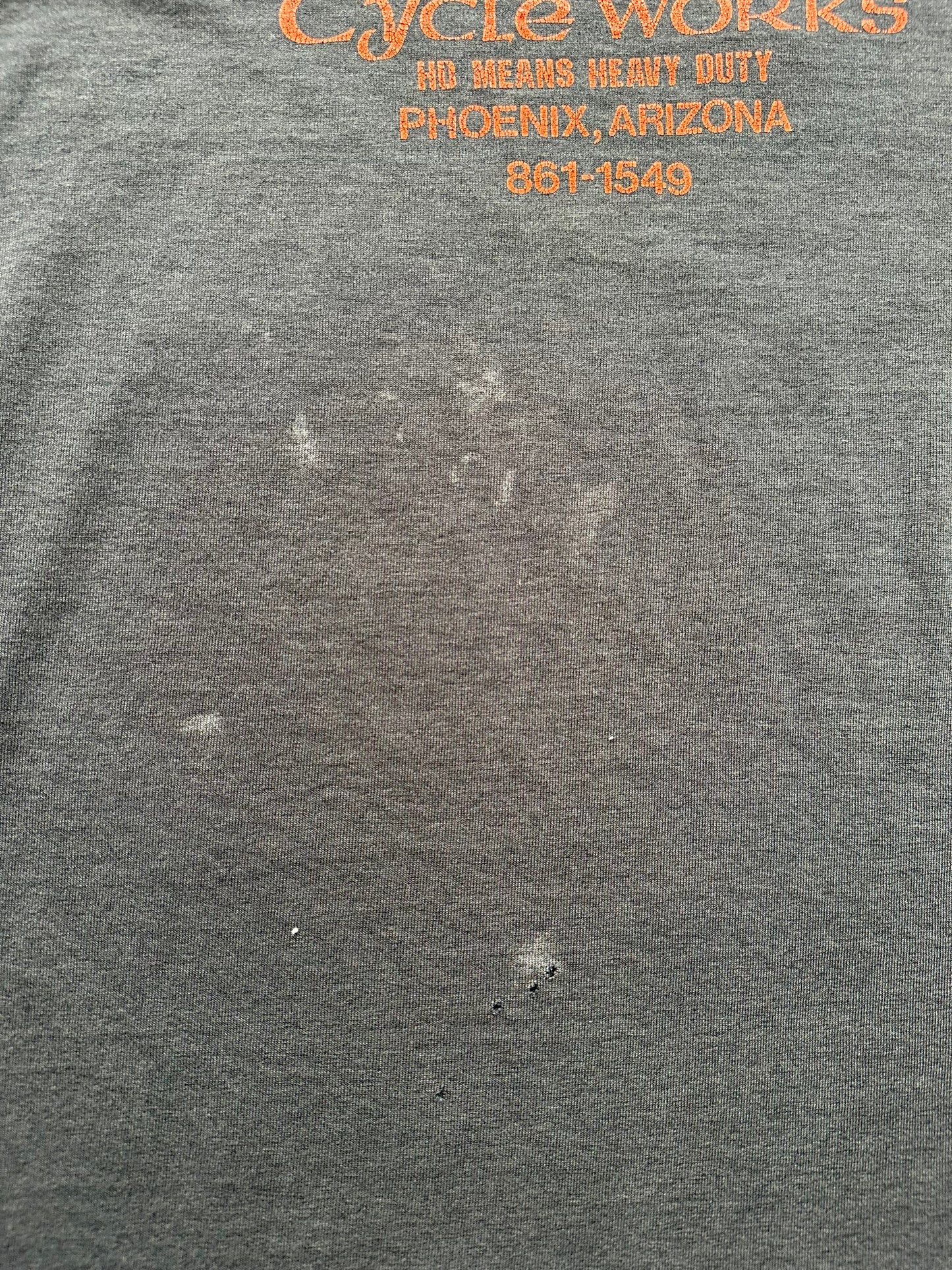 Staining on back of 80s Satan's Cycleworks Tee SZ L | Vintage Harley Tee | Barn Owl Vintage Seattle