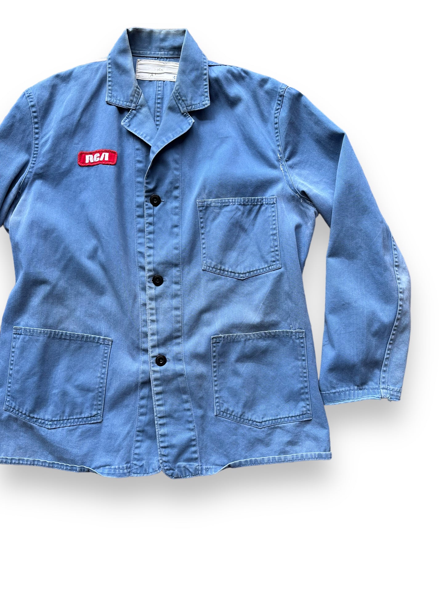 Front Left View of Vintage RCA TV Repair Shop Coat SZ XL | French Workwear Seattle | Barn Owl Vintage Goods Seattle