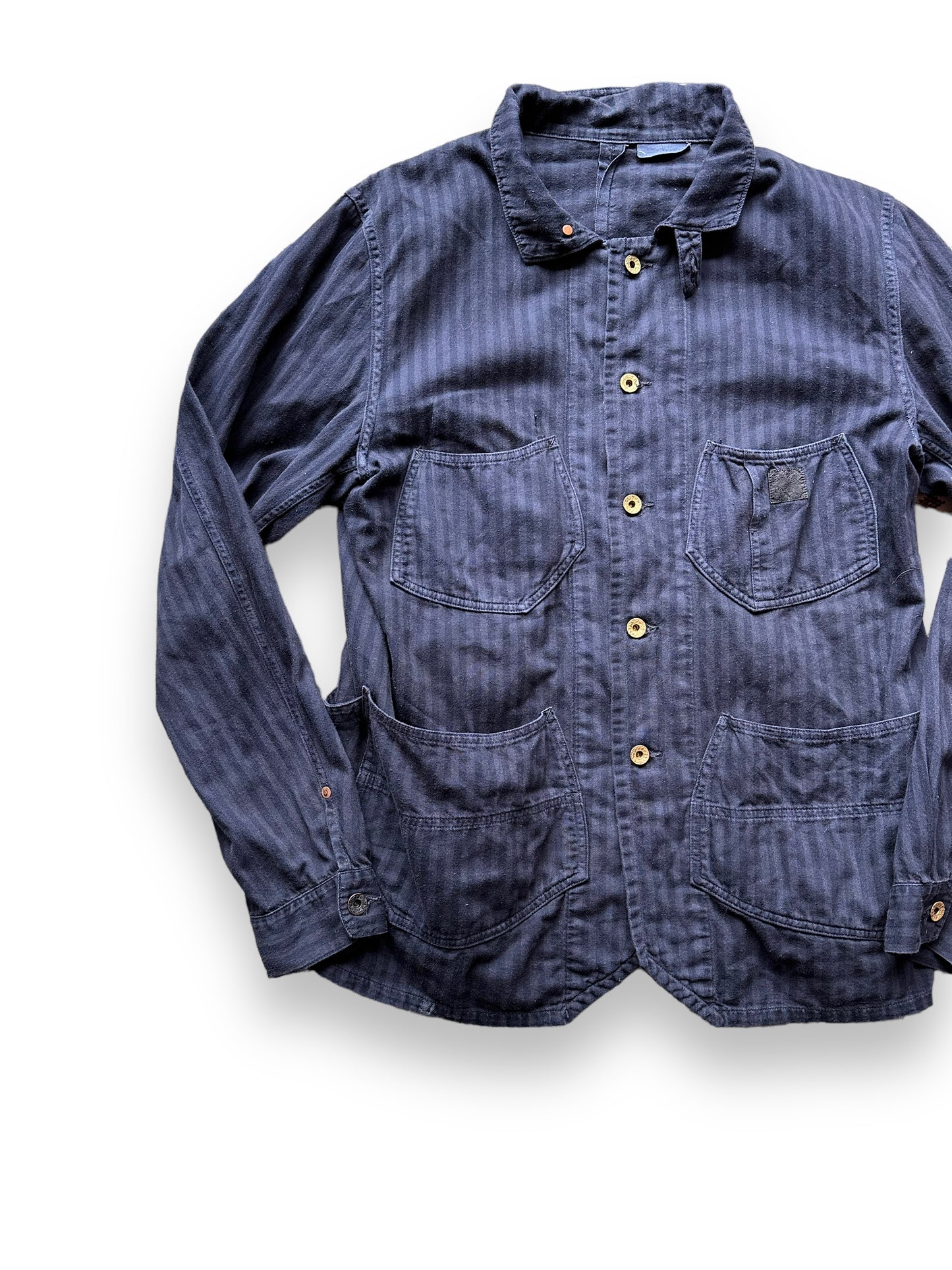 Right Front View of Sugarcane Reproduction Herringbone Twill Chore Coat SZ L | Vintage European Workwear Seattle | Barn Owl Vintage Goods Seattle