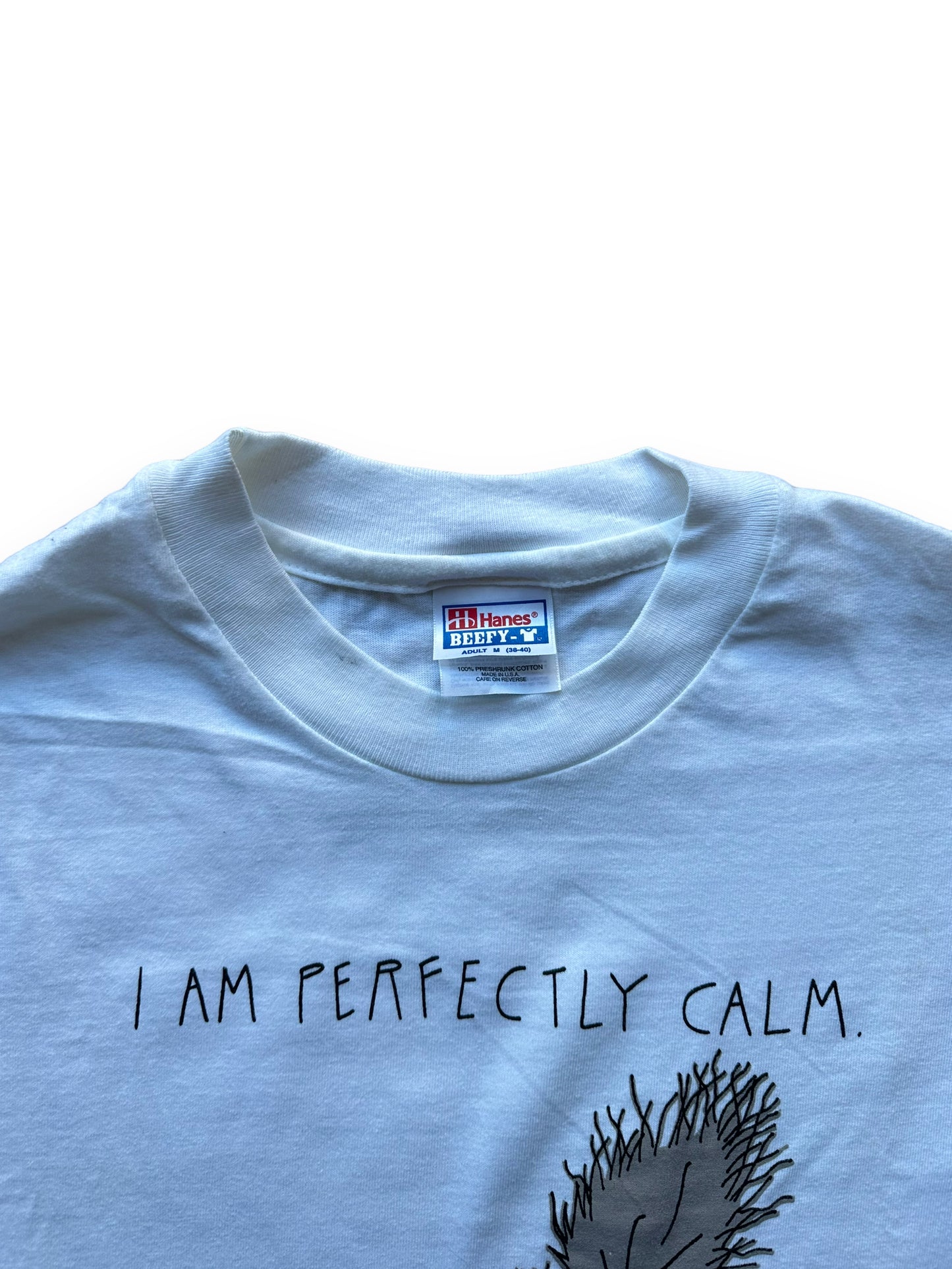 collar of Vintage "I am Perfectly Calm" Cat Tee SZ M | Vintage Cat Tee Seattle | Barn Owl Vintage