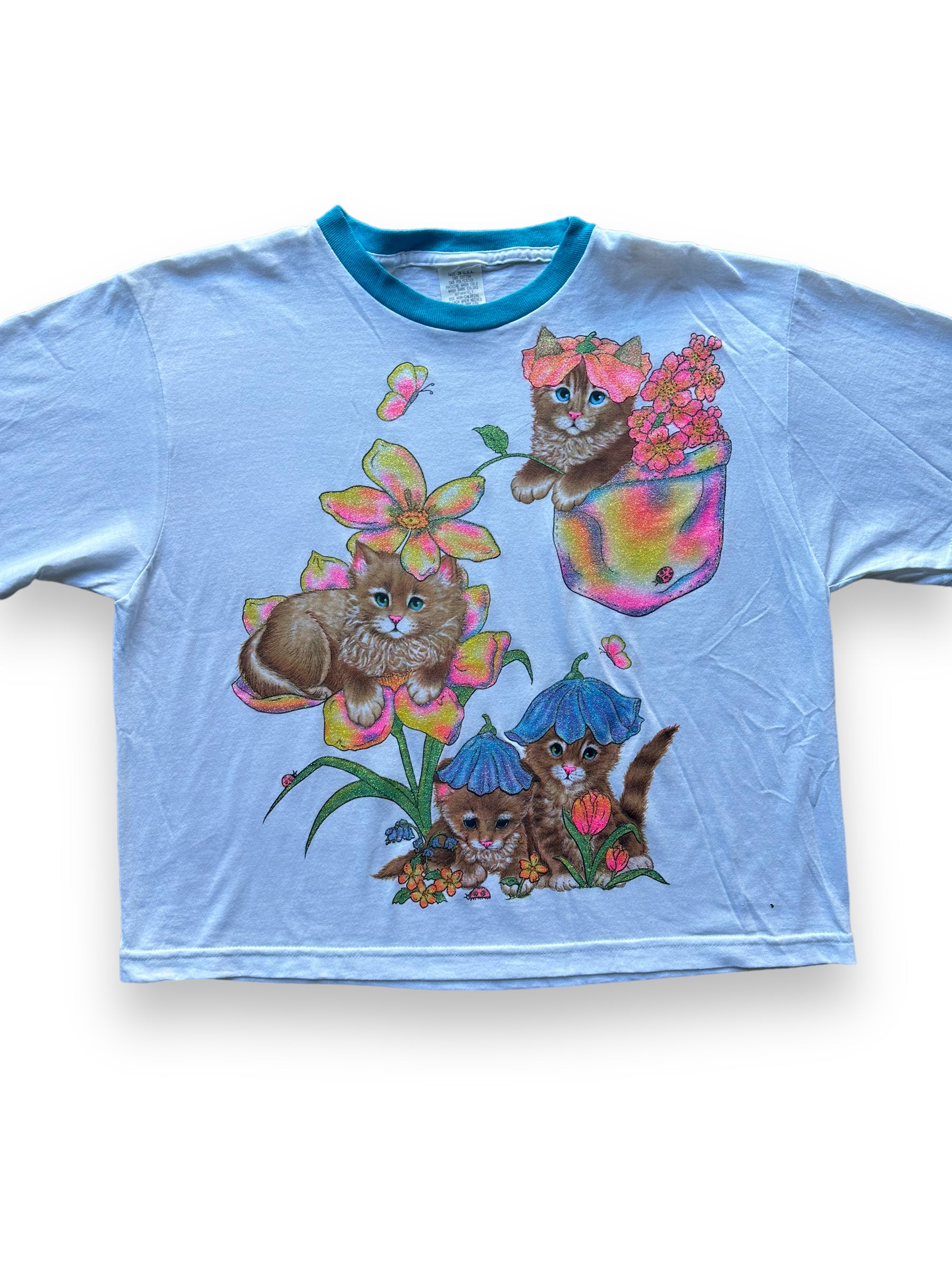 Front close up of Vintage Blue Glitter Cat Ringer Tee SZ M |  Vintage Cat Tee Seattle | Barn Owl Vintage