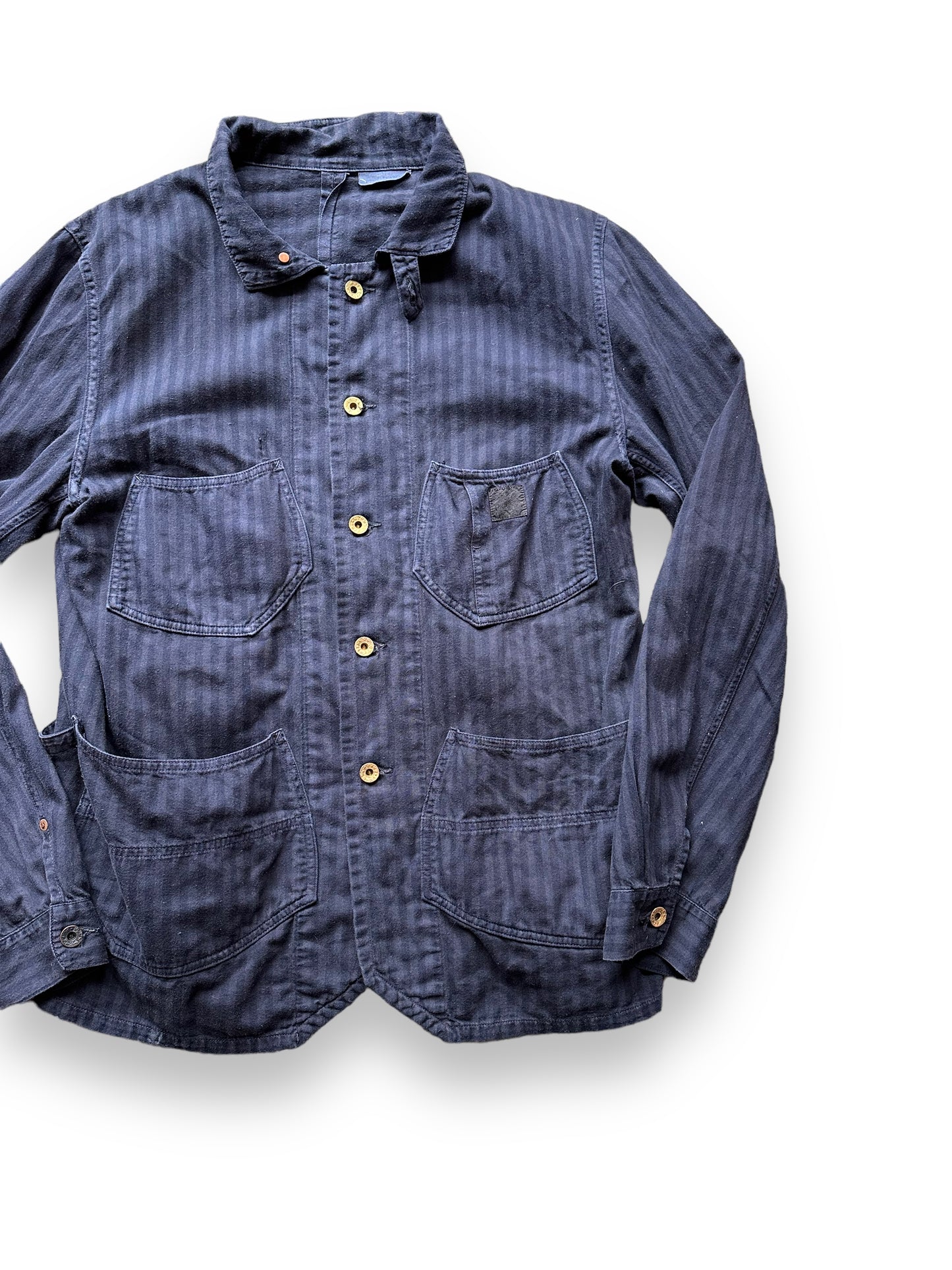 Front Left View of Sugarcane Reproduction Herringbone Twill Chore Coat SZ L | Vintage European Workwear Seattle | Barn Owl Vintage Goods Seattle