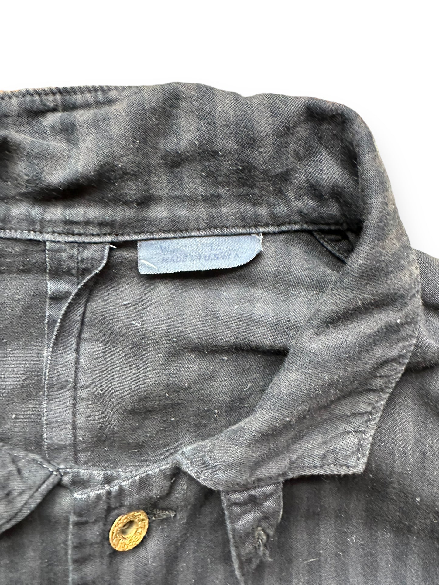 Tag View of Sugarcane Reproduction Herringbone Twill Chore Coat SZ L | Vintage European Workwear Seattle | Barn Owl Vintage Goods Seattle