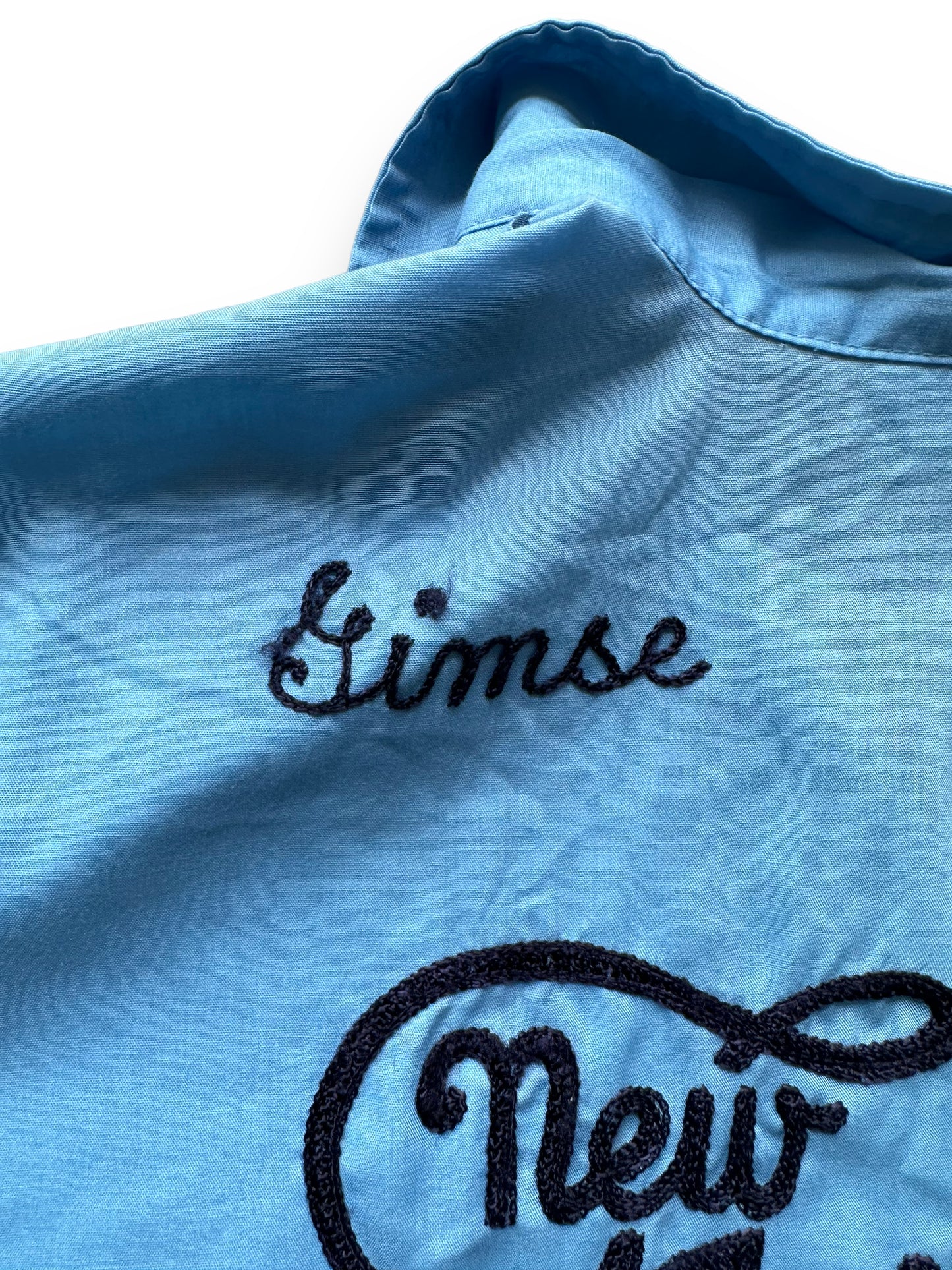 Back name embroidery on Vintage "New Frontier Lanes" Chainstitched Bowling Shirt SZ 40 | Vintage Bowling Shirt Seattle | Barn Owl Vintage Seattle