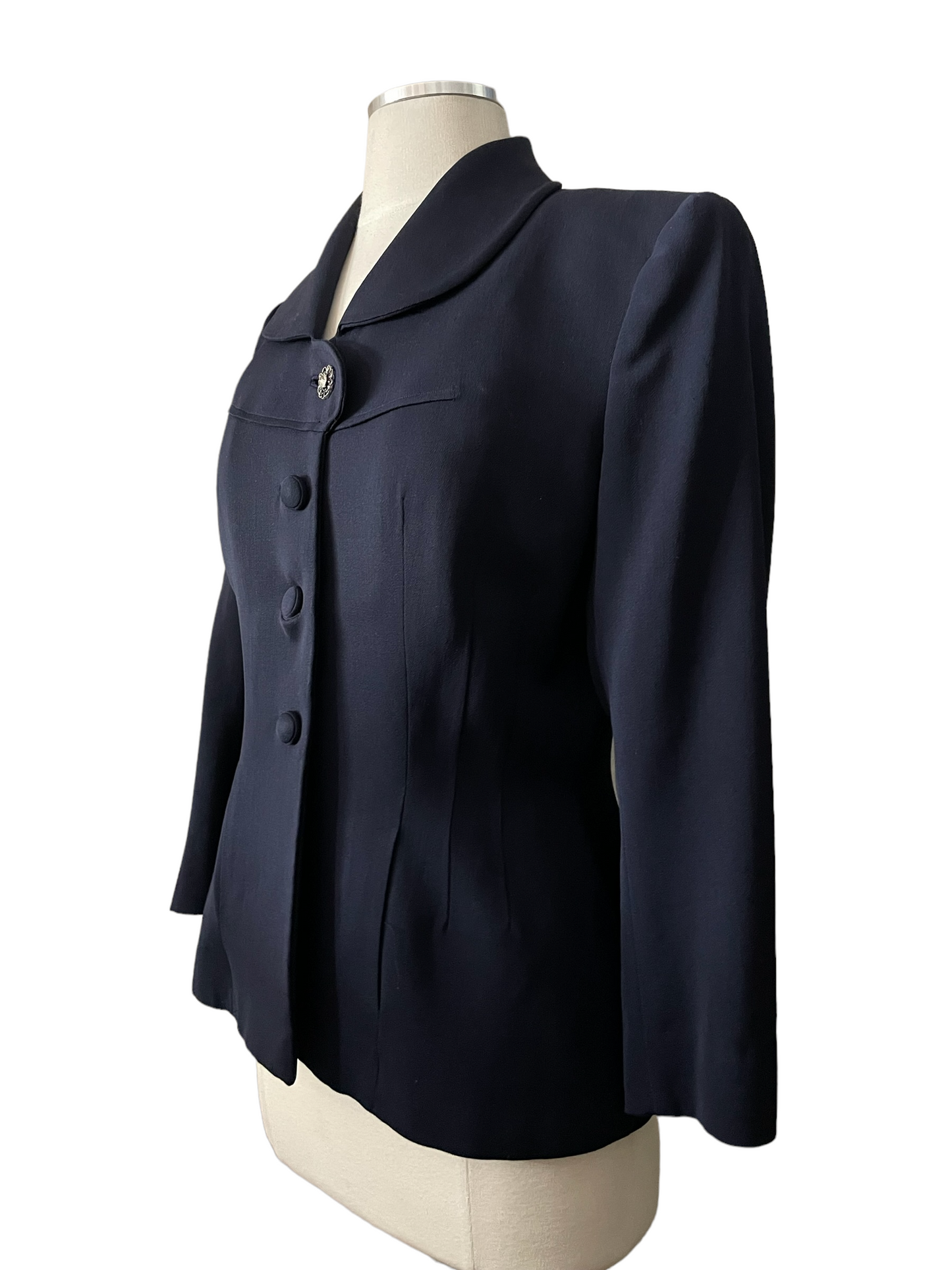 Left Quarter View 1940s Best's Apparel Seattle Navy Blue Gabardine Wool Jacket Barn Owl Vintage Clothing Seattle