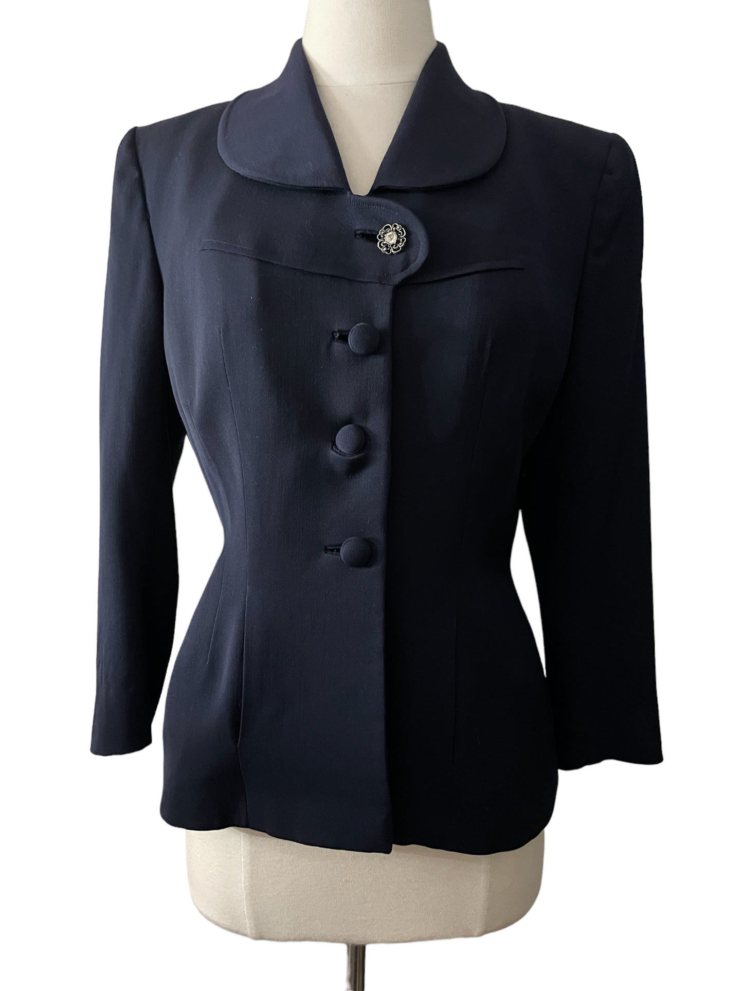 Front View 1940s Best's Apparel Navy Blue Gabardine Wool Jacket Barn Owl Vintage Clothing