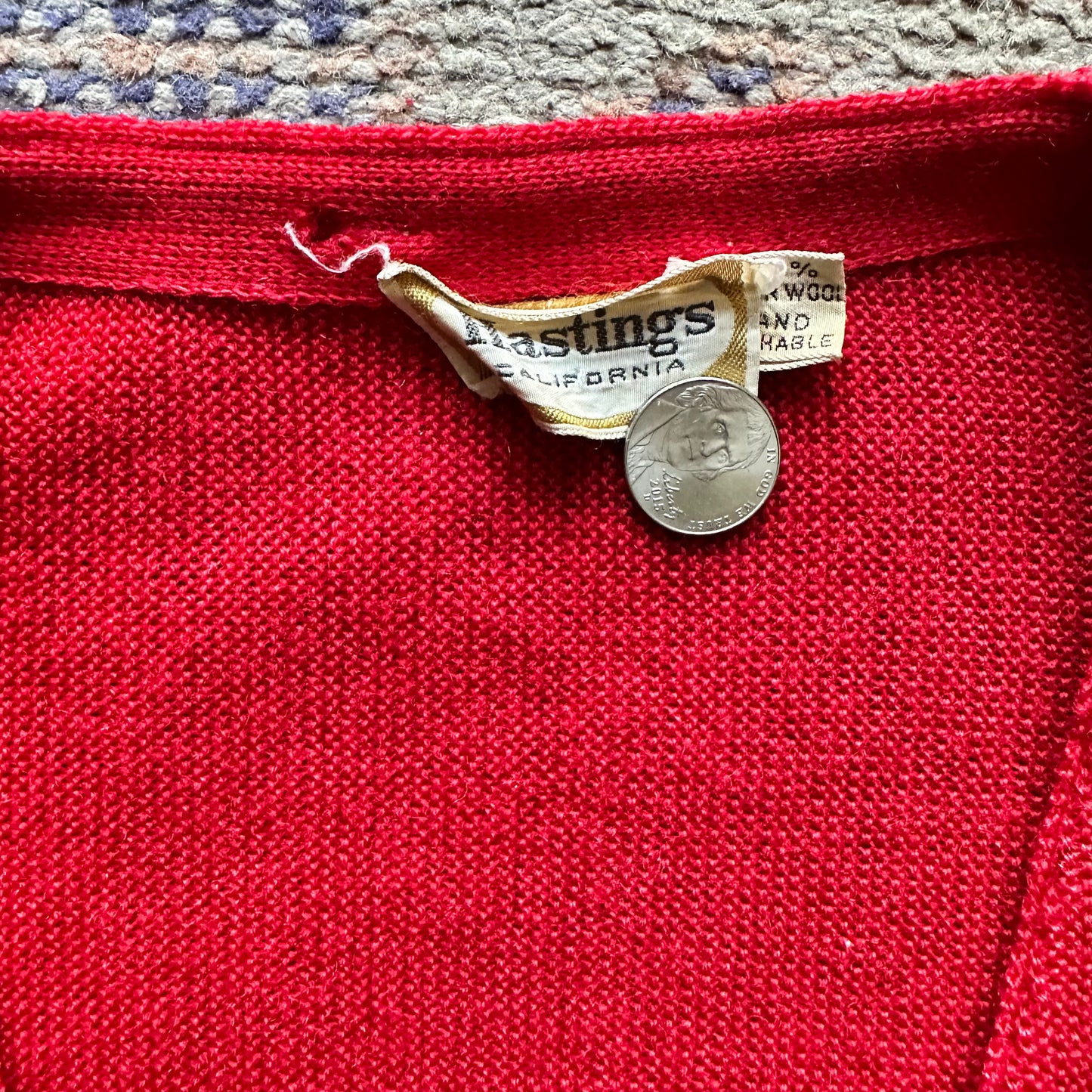 Close Up Tag View of Vintage Hastings Red Wool Cardigan | Best Vintage Clothing Seattle