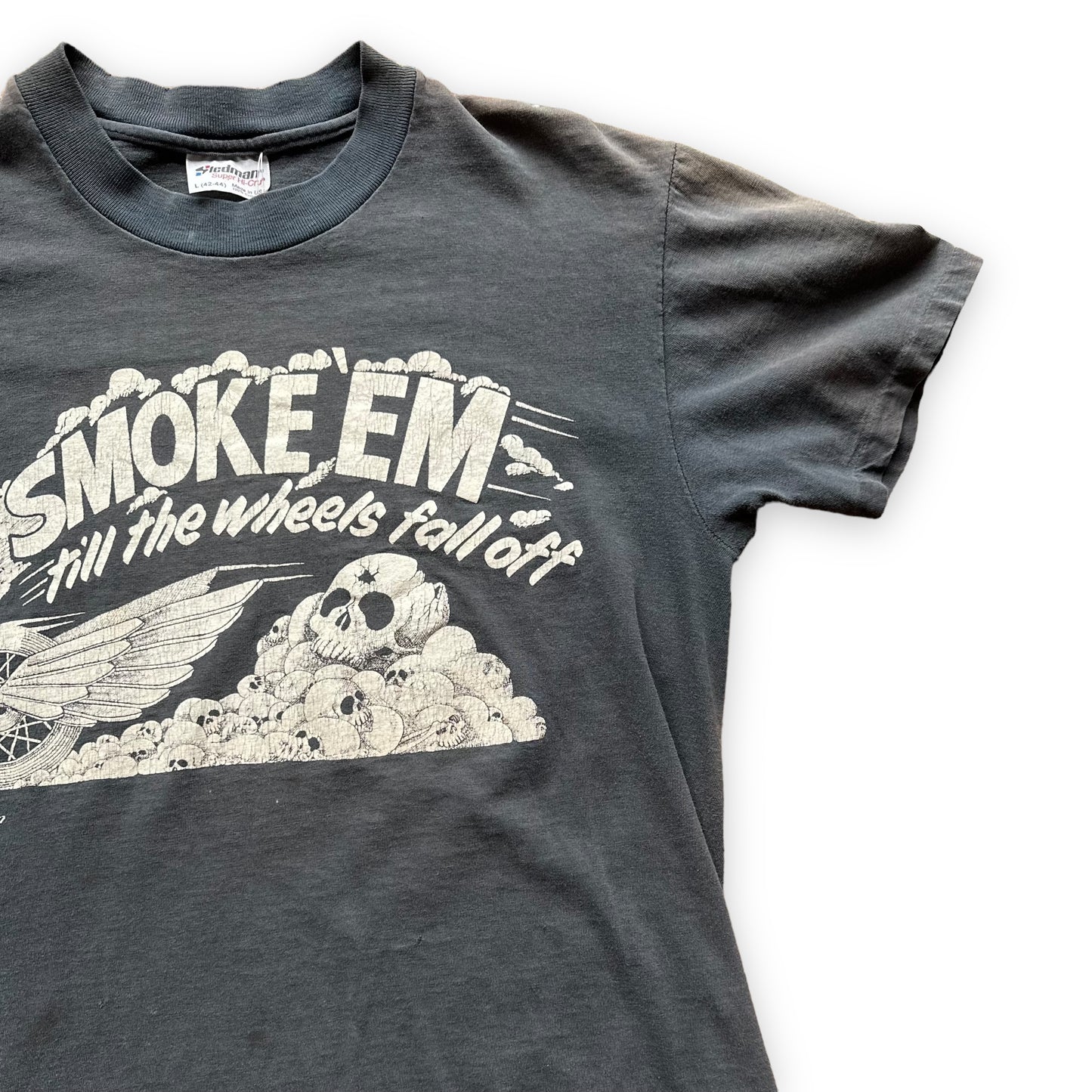 Front Left Sleeve View on Vintage 1981 Smoke Em Til The Wheels Fall Off Harley Davidson TShirt SZ L | Vintage Harley Tee | Barn Owl Vintage Seattle
