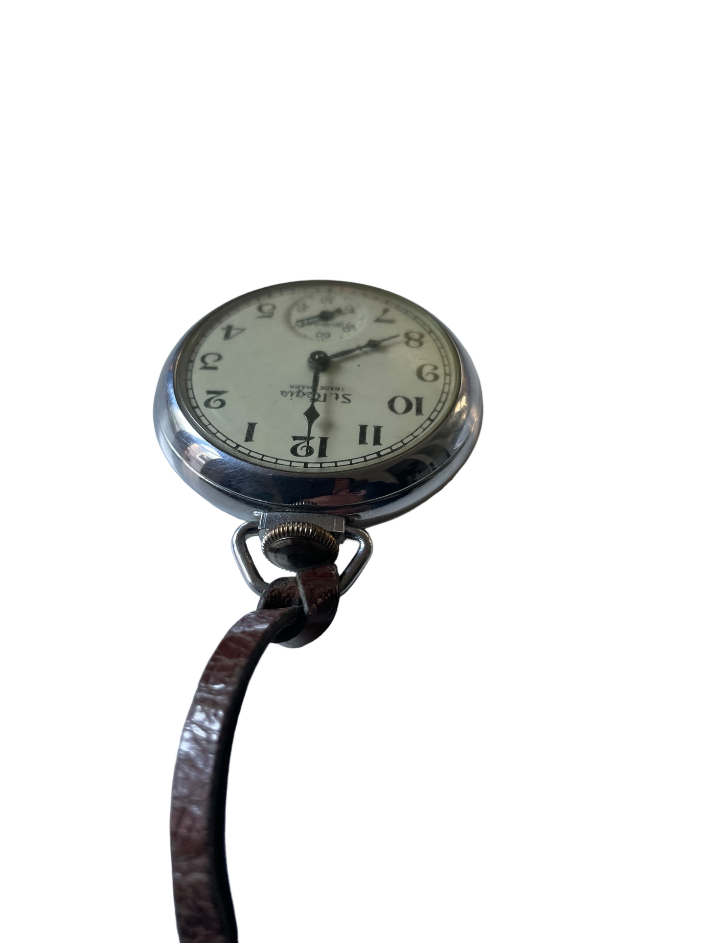 Vintage St. Regis Pocket Watch Close up of top and leather band