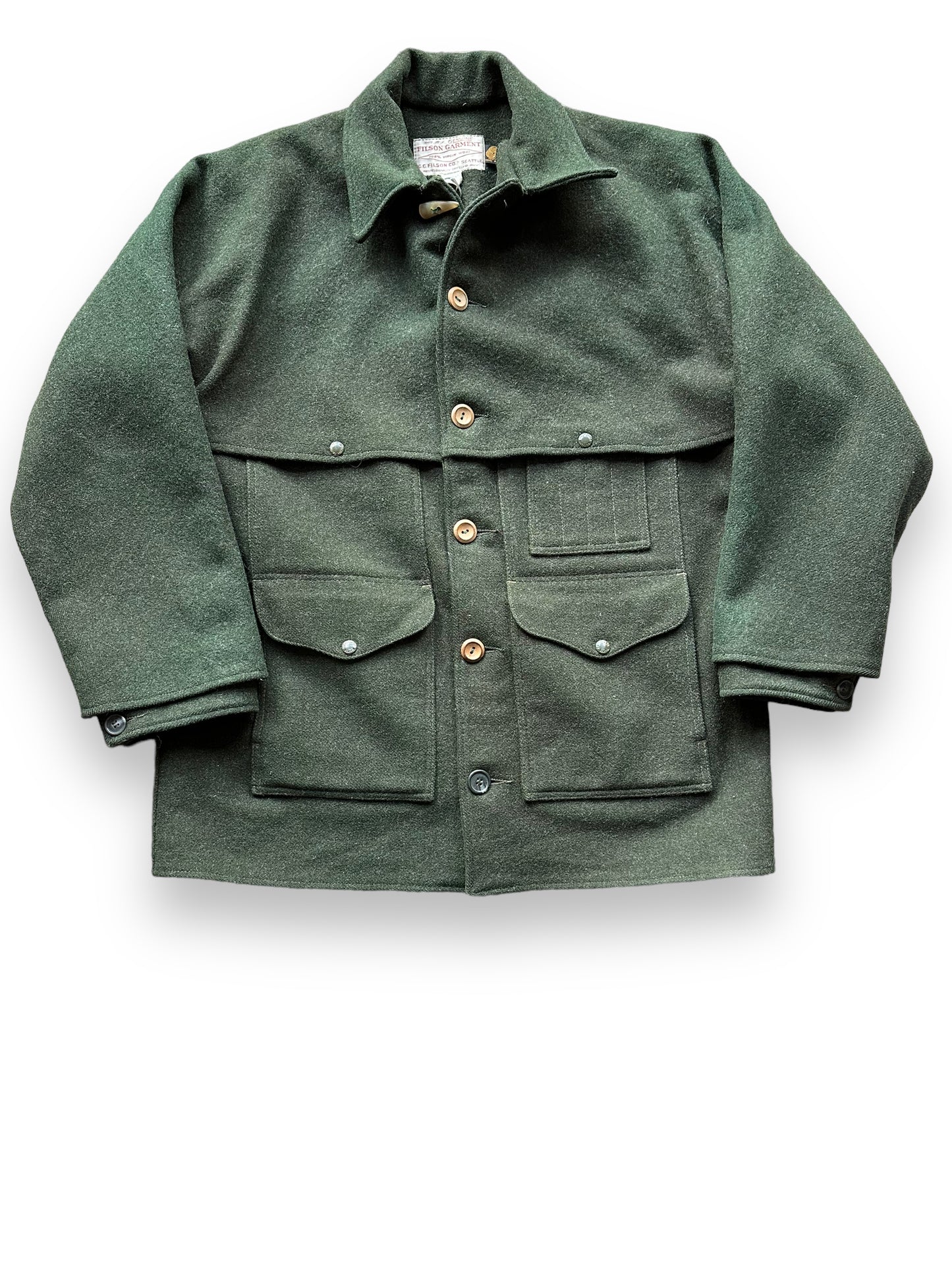 Front View of Vintage Filson Forest Green Double Mackinaw Cruiser SZ 46 XL | Barn Owl Vintage Goods | Vintage Workwear Seattle