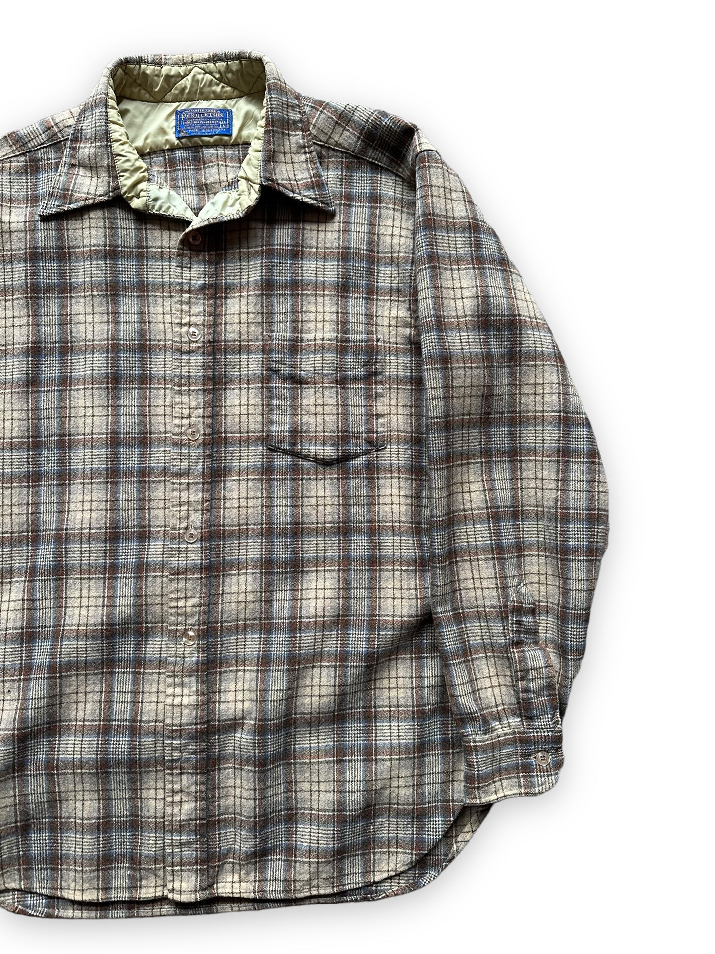 Front Left View on Vintage Pendleton Wool Flannel Shirt SZ L | Vintage Wool Workwear Seattle | Barn Owl Vintage