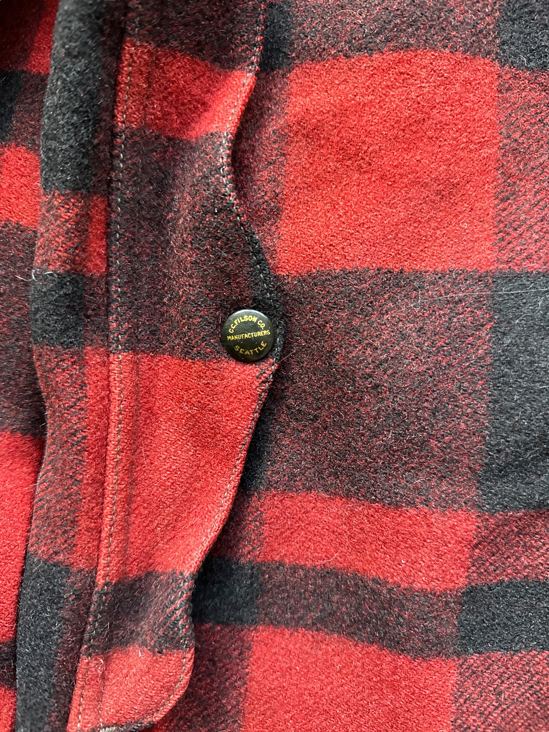 Enameled Snaps on Map Pocket of Vintage 1930s Era FilClo Filson Mackinaw Cruiser |  FilClo Vintage Workwear | Barn Owl Vintage Seattle