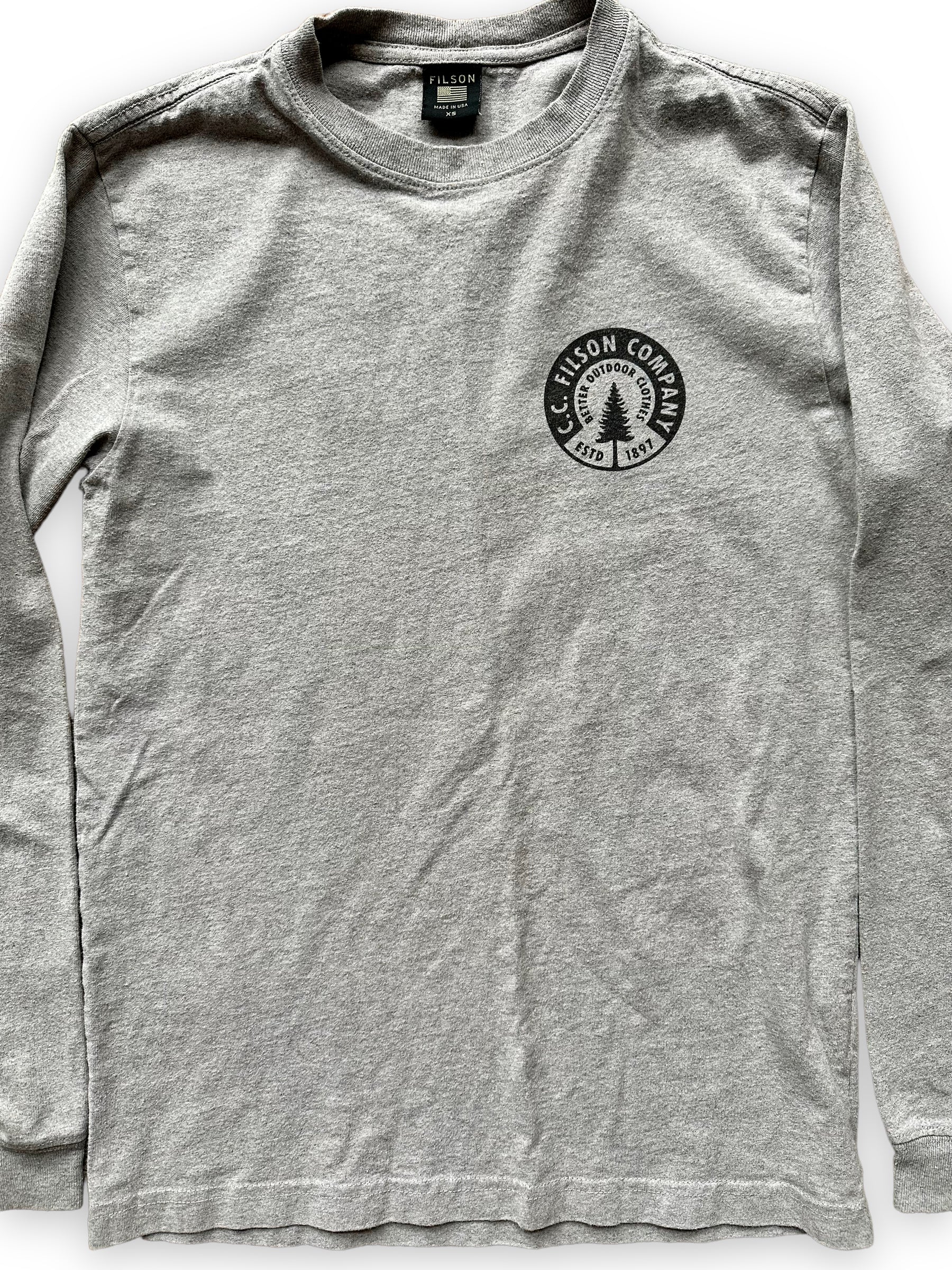 Front Detail of Filson Long Sleeve Heather Grey Tee SZ XS  |  Barn Owl Vintage Goods | Filson Graphic Tees Seattle