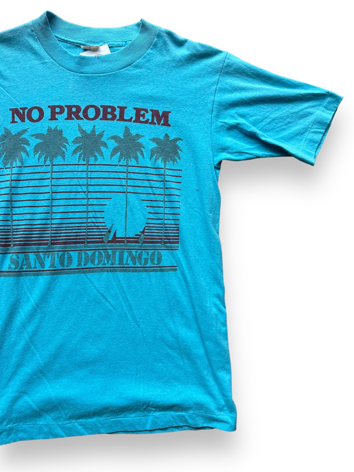 Front left shot of Vintage Blue Santo Domingo Graphic Tee SZ L | Vintage T-Shirts Seattle | Barn Owl Vintage Tees Seattle