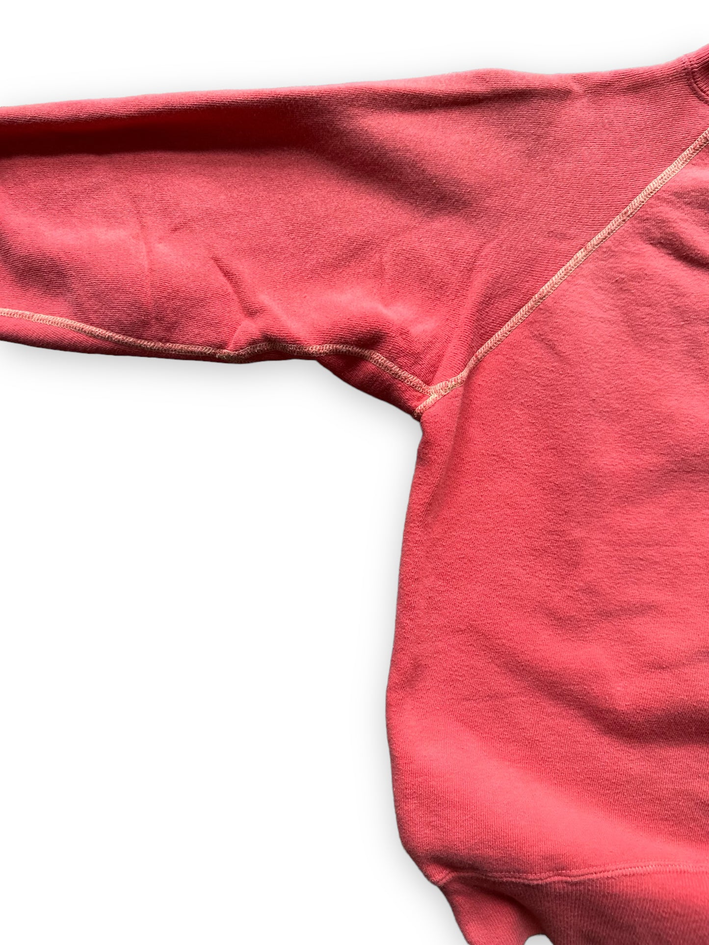 Gusseted Sleeve View of Vintage Faded Red Crewneck Sweatshirt | Vintage Crewneck Sweatshirt Seattle | Barn Owl Vintage Clothing