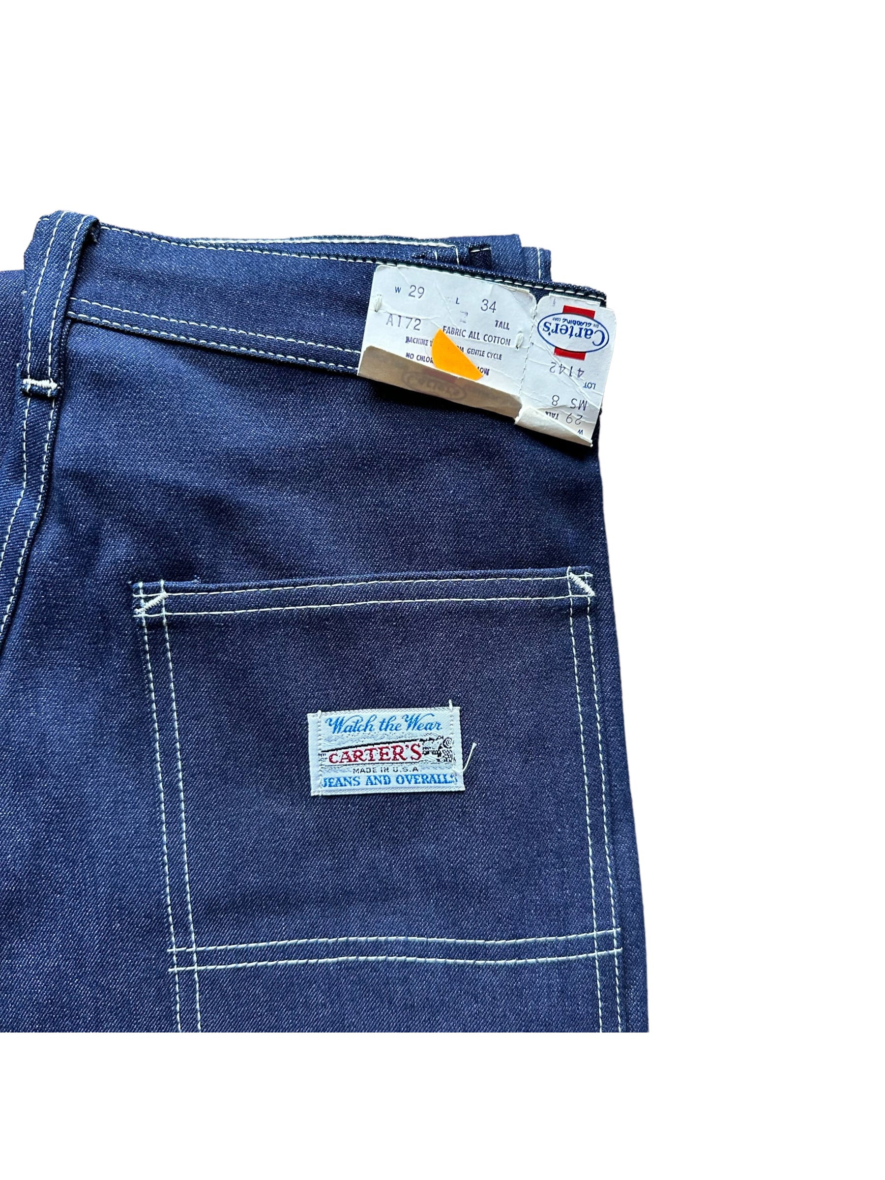Tag and Rear Pocket View on NOS Vintage Carter's Carpenter Dungarees W29 L34 | Vintage Denim Workwear Seattle | Barn Owl Vintage Clothing