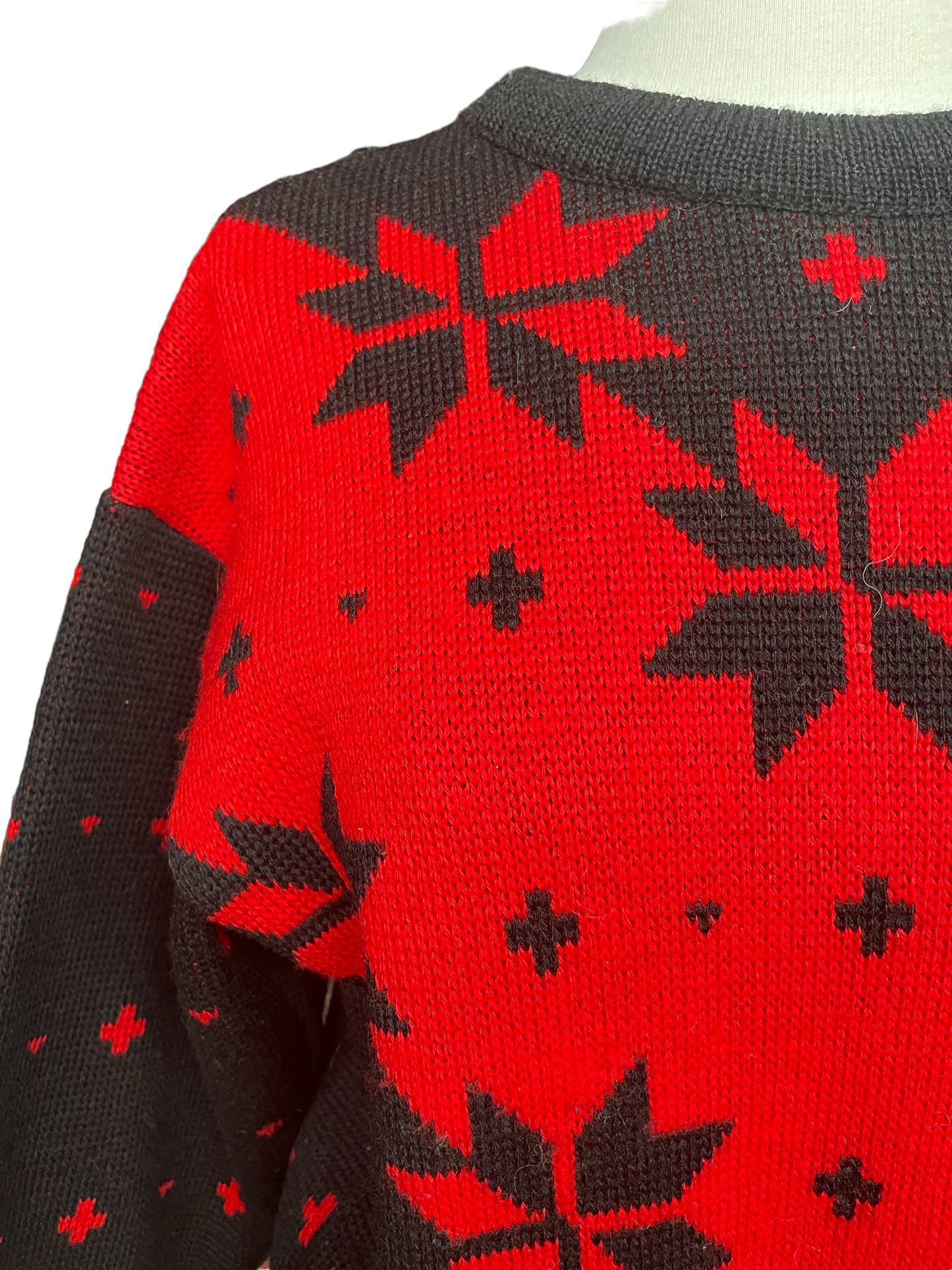 Front Right Shoulder View of Vintage 1980s Demetre Wool Ski Sweater | Barn Owl Vintage | Seattle Vintage Sweaters
